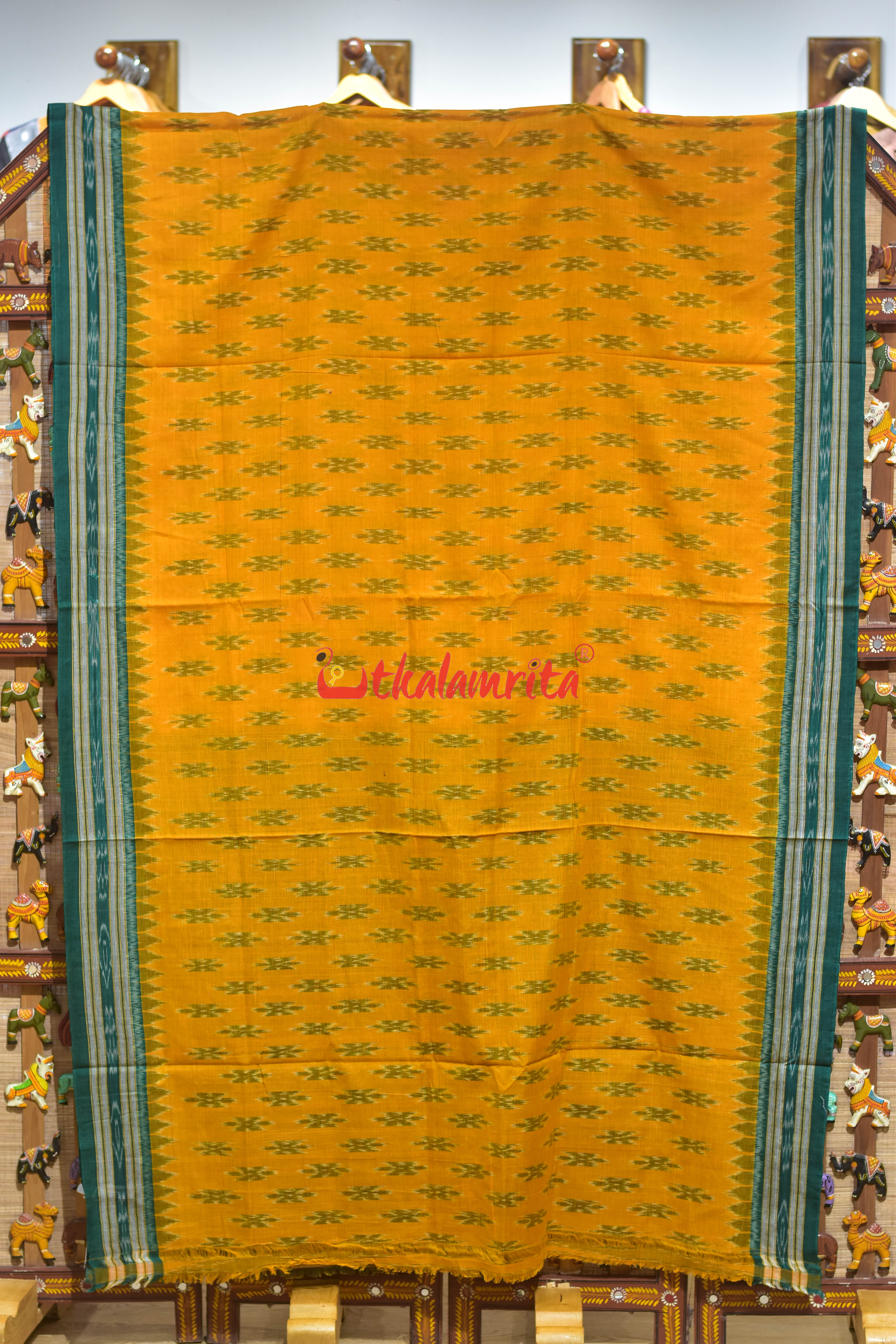 Mustard with Green Body Bandha Khandua Cotton Saree