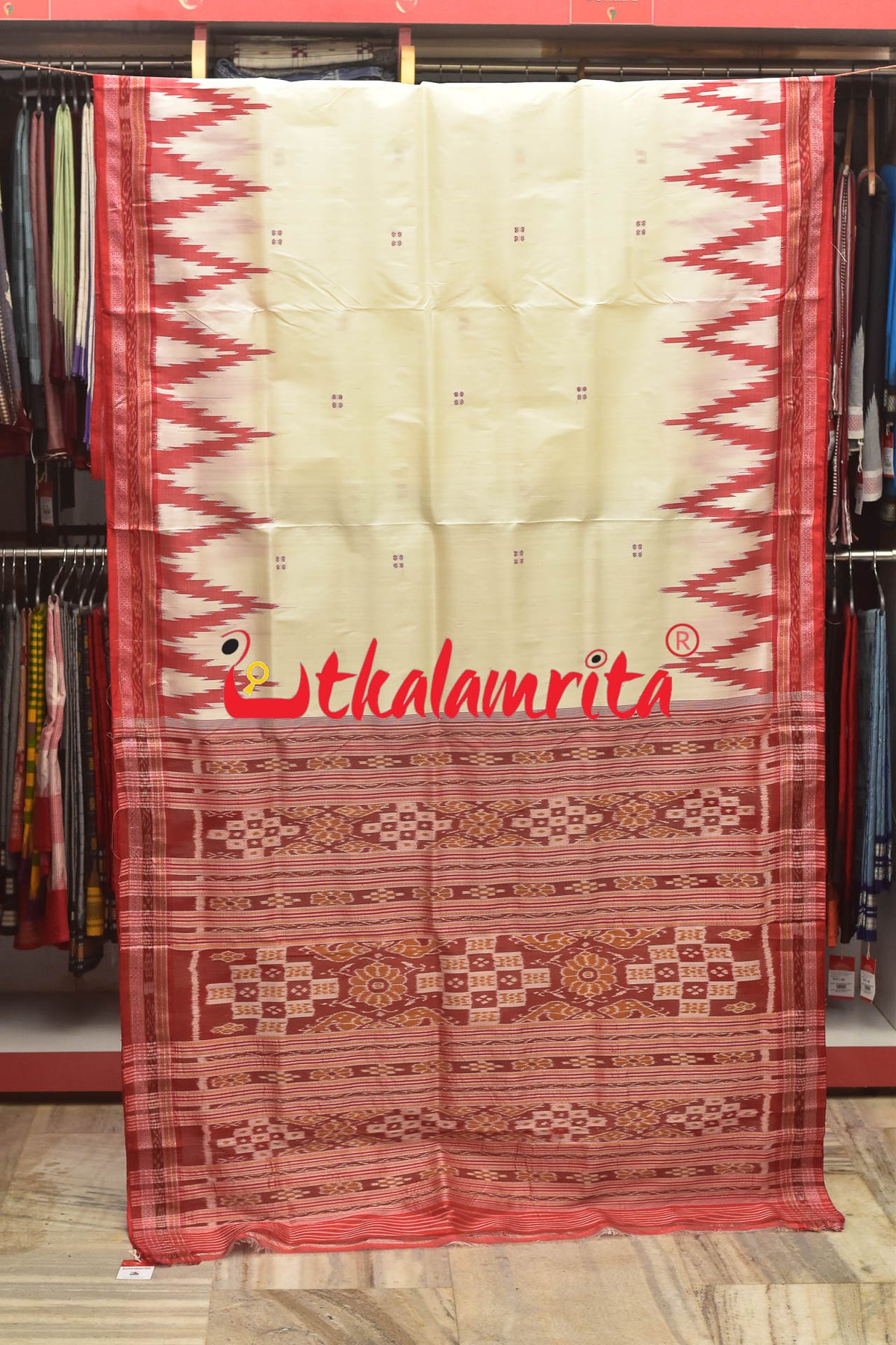 White Red Big Temples Khandua Silk Saree