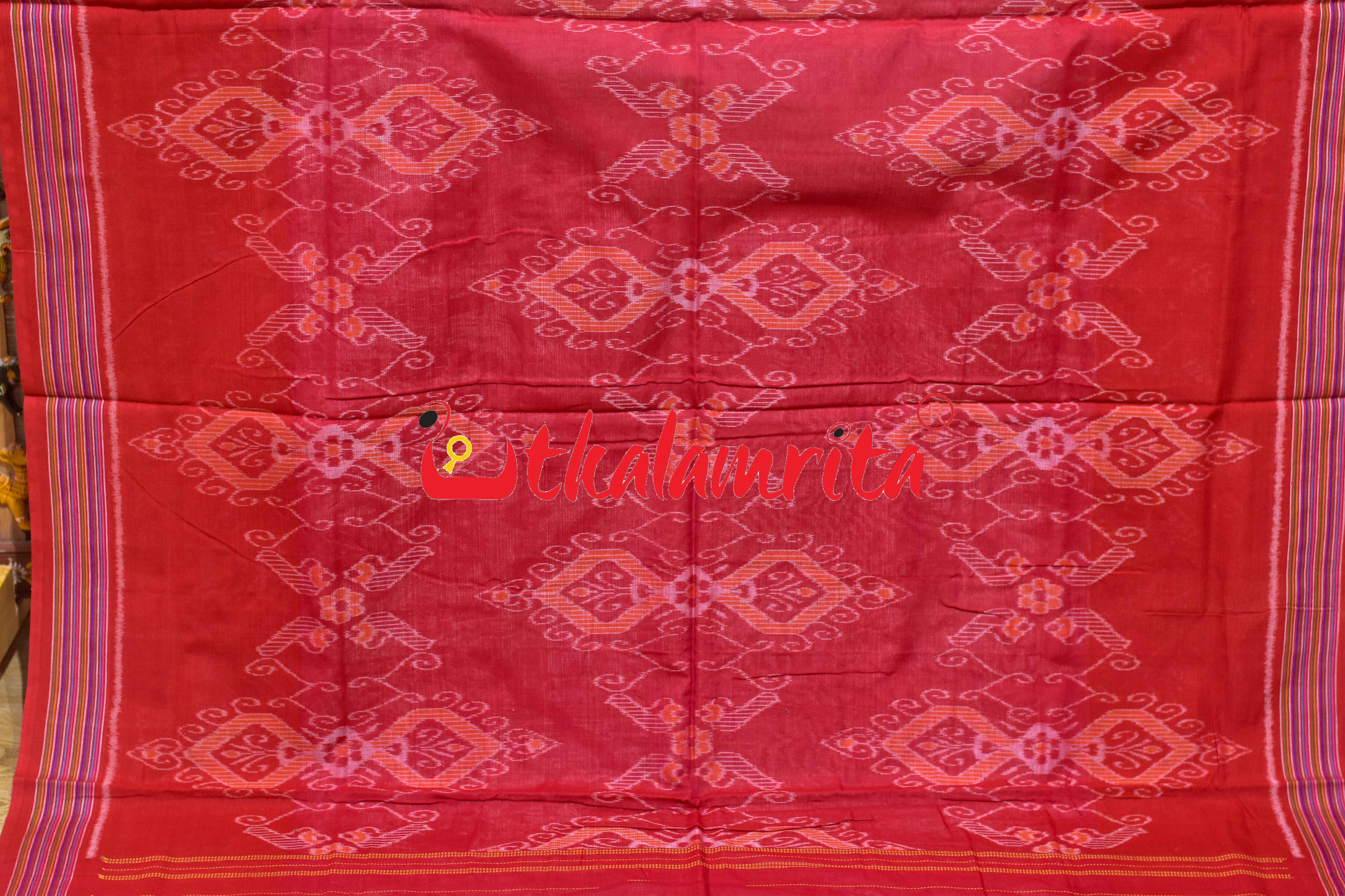 White Red Traditional Design Khandua Cotton Saree