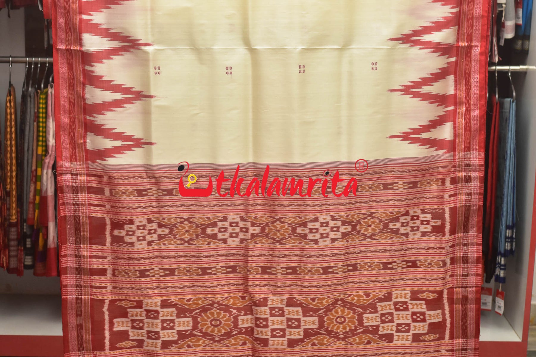 White Red Big Temples Khandua Silk Saree