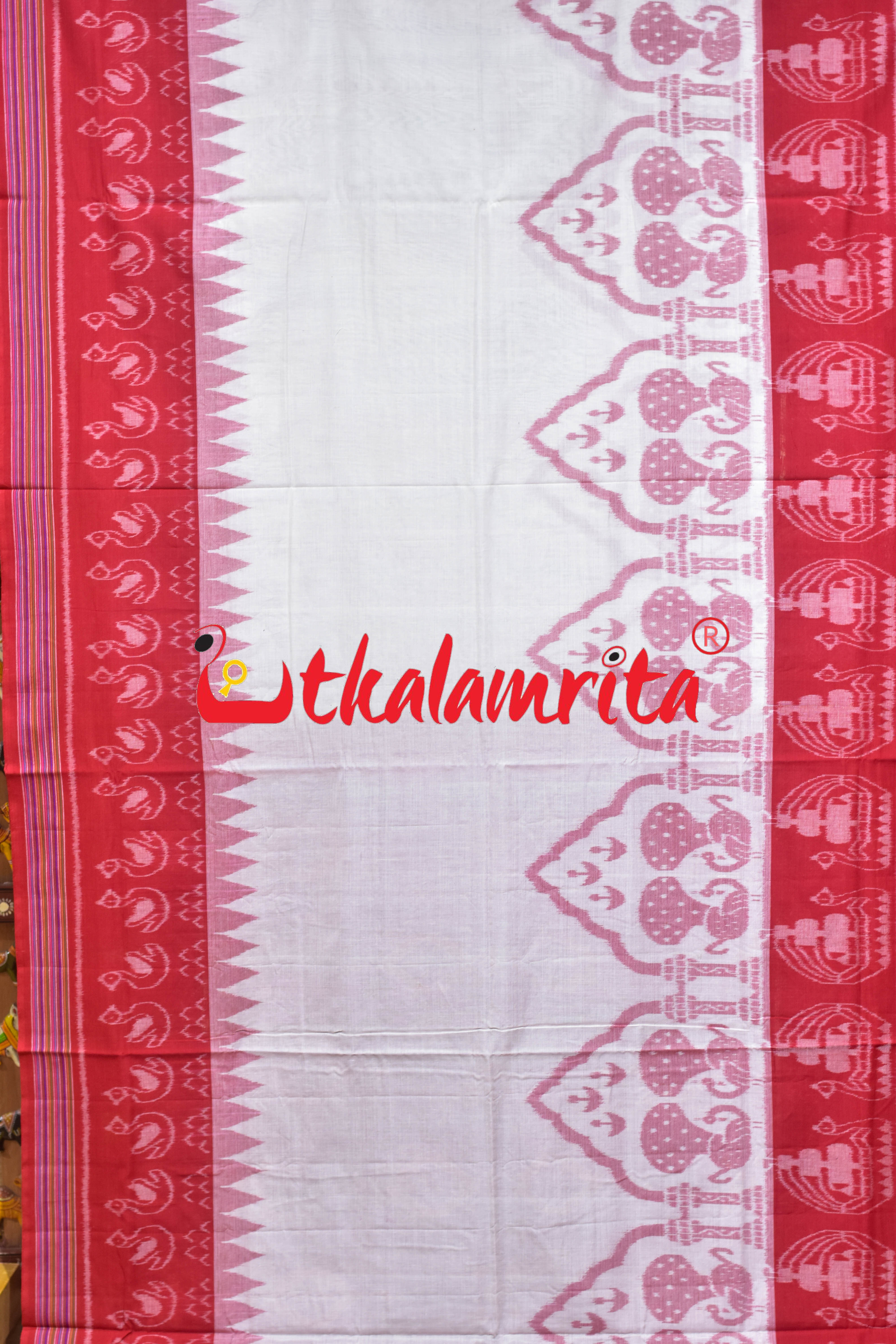 White Red Traditional Design Khandua Cotton Saree