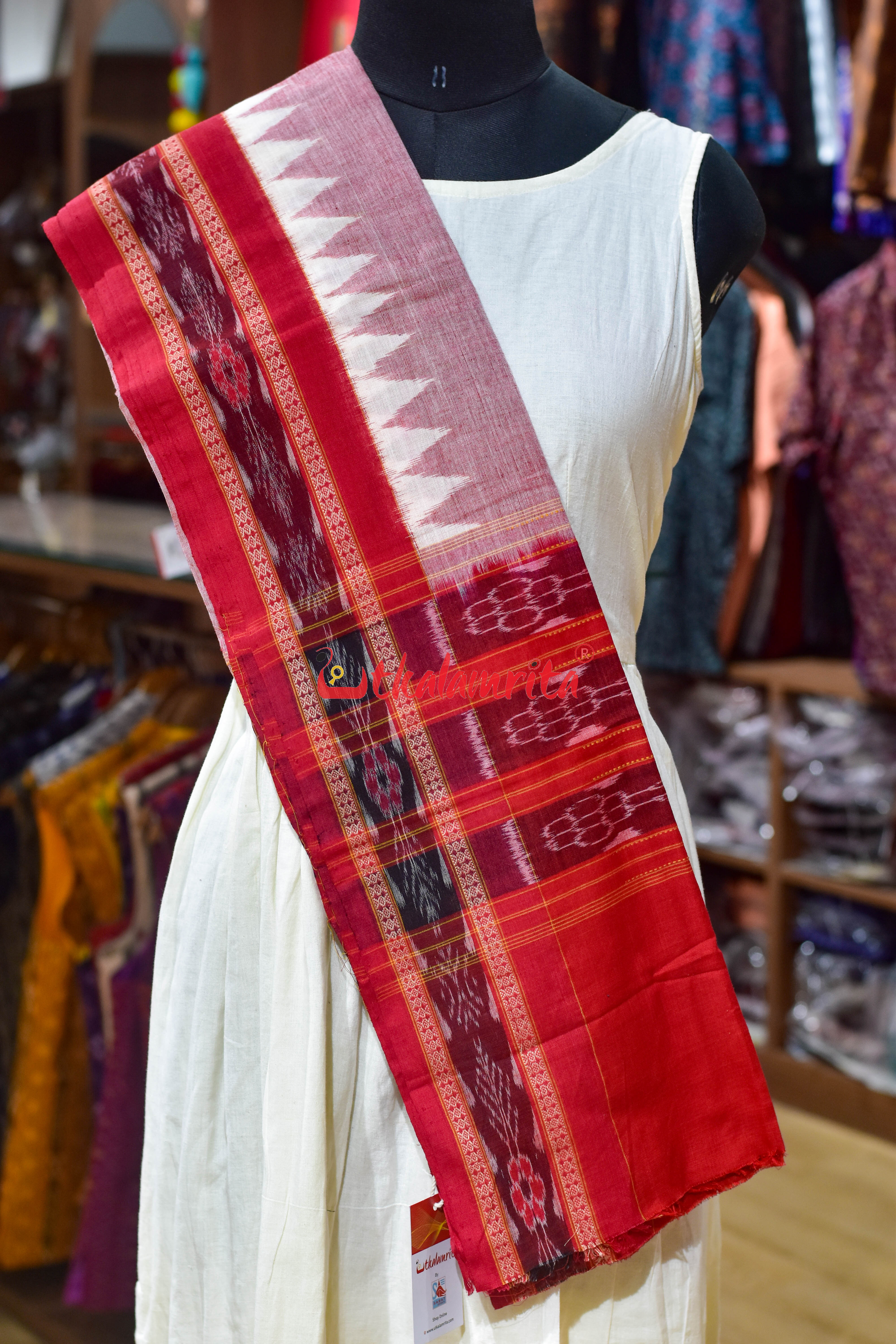 Peach Red Flower Bandha Cotton (Dupatta)