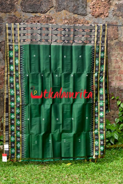 Deep Green Black Double Border Pasapali Khandua Silk Saree