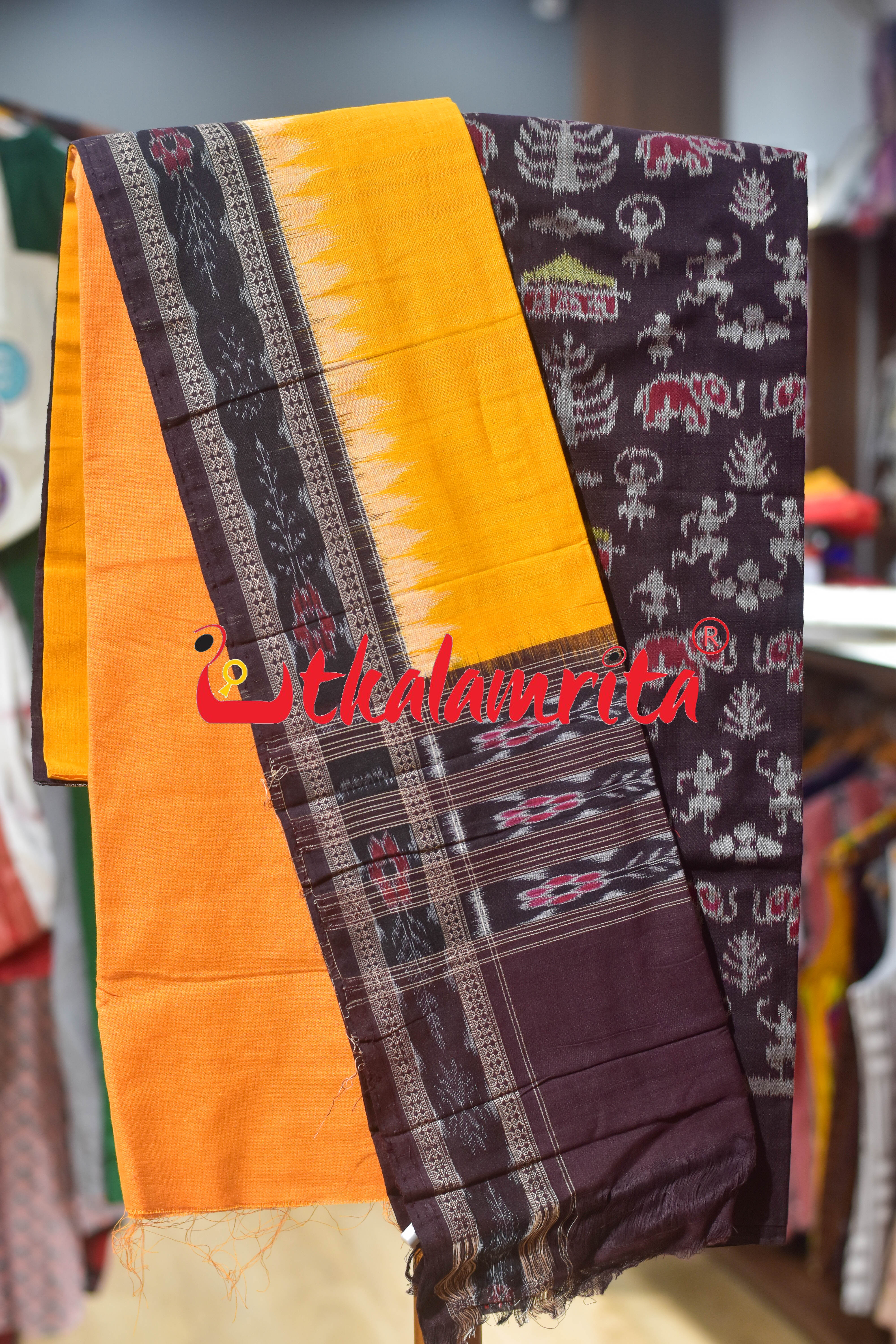 Coffee Yellow Adibasi Theme Sambalpuri Cotton Dress Set