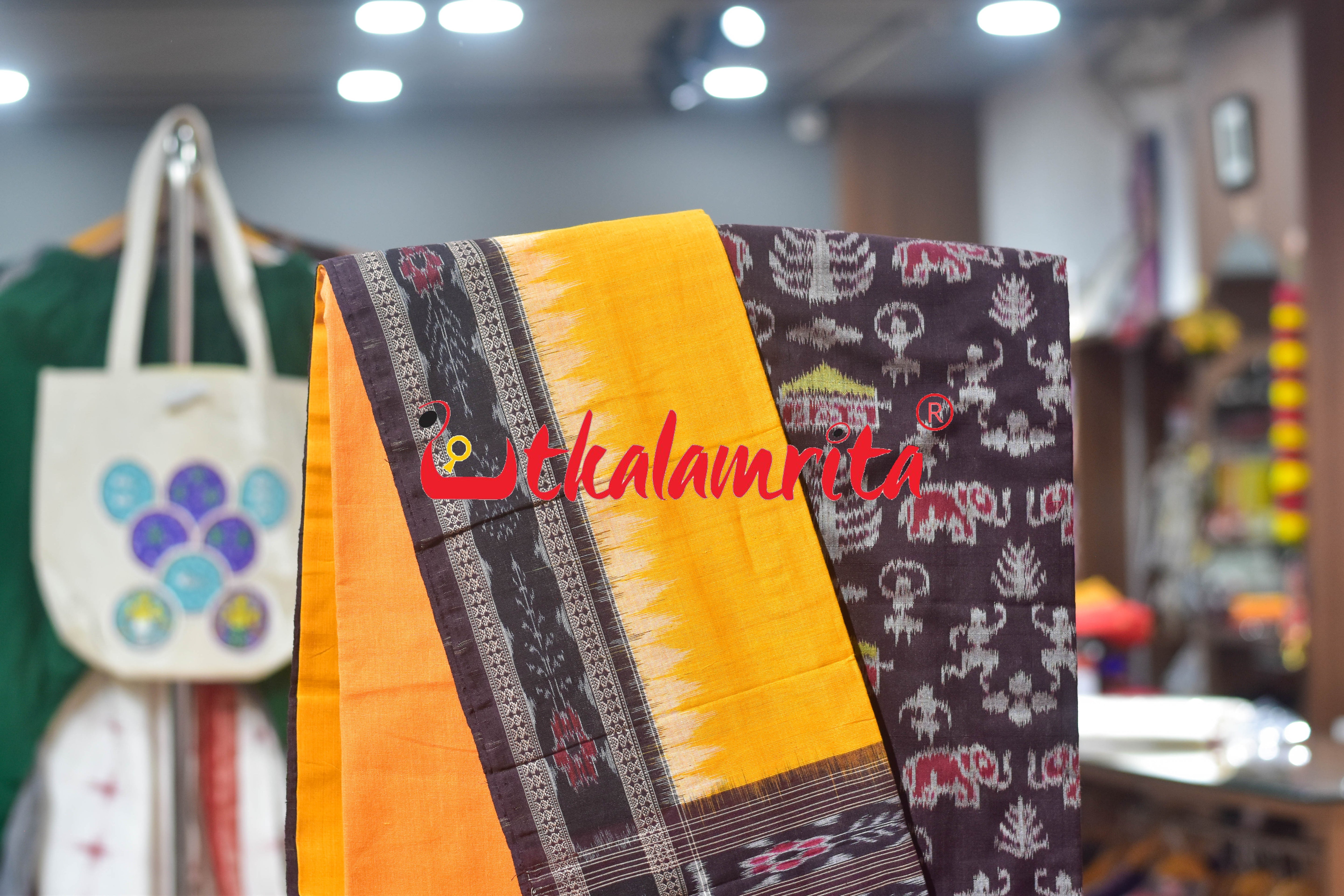 Coffee Yellow Adibasi Theme Sambalpuri Cotton Dress Set