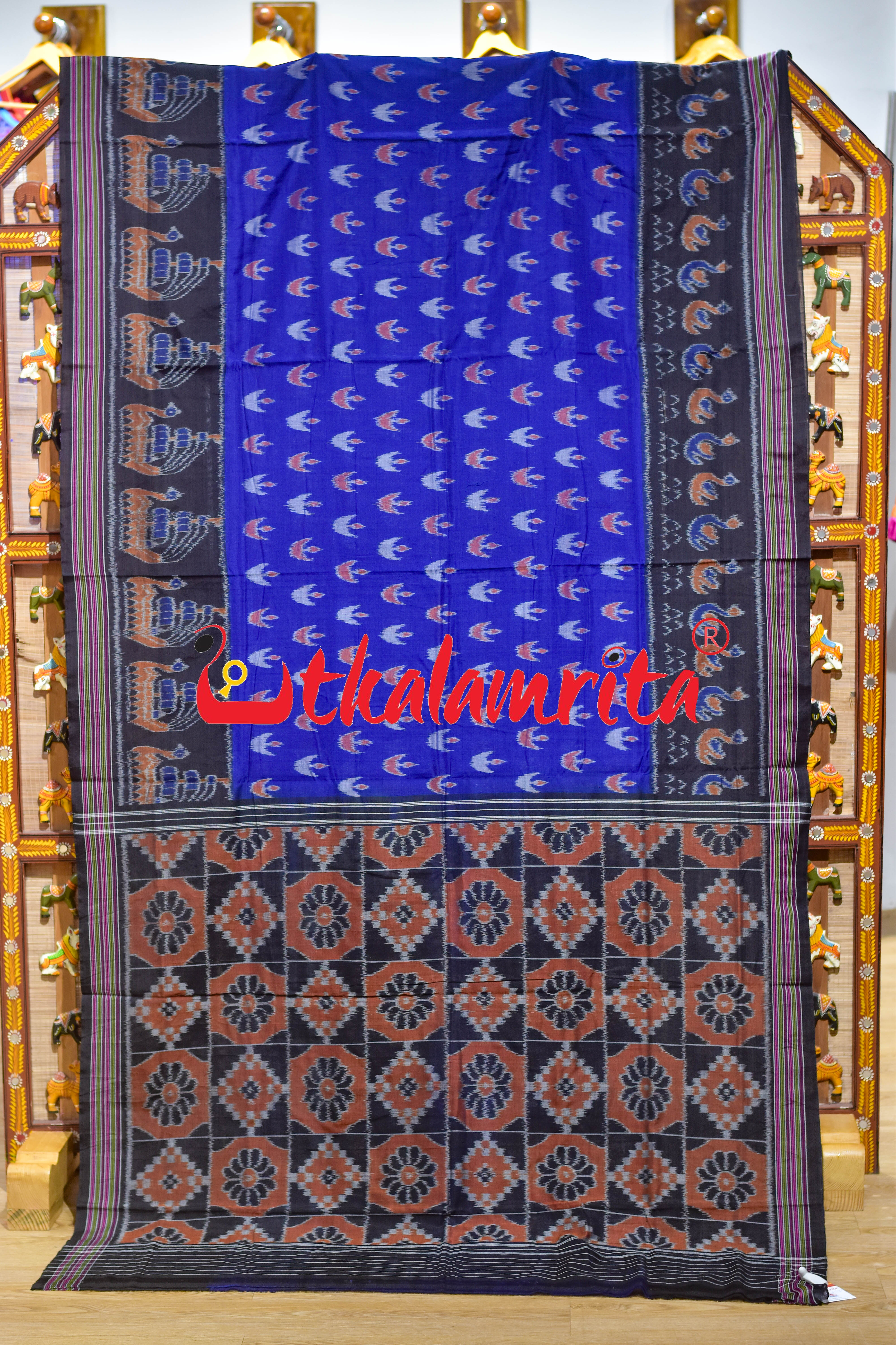 Deep Blue Ducks & Boita Khandua Cotton Saree