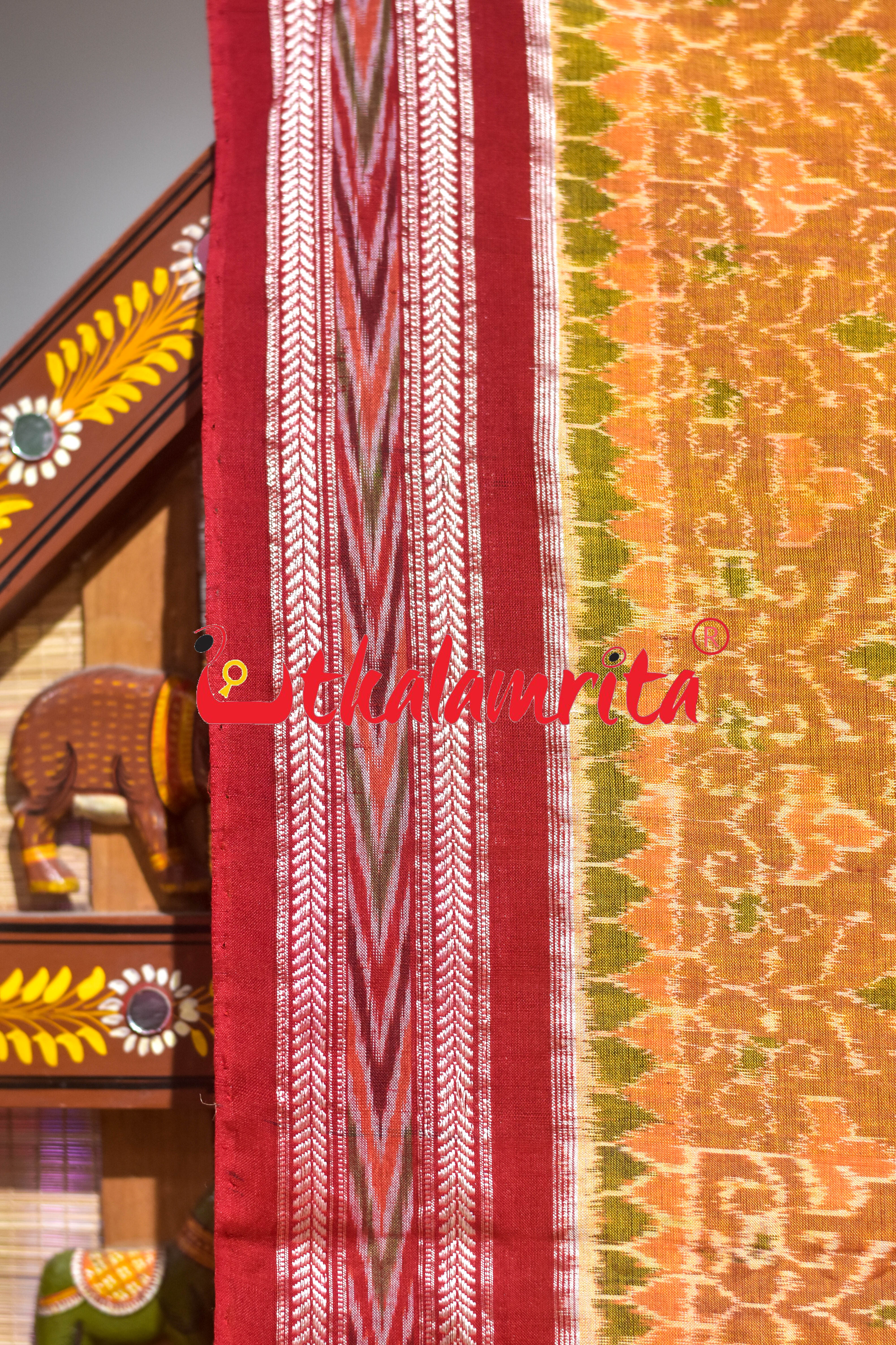 Yellow Green Red Ganjappa Cards Sambalpuri Cotton Saree