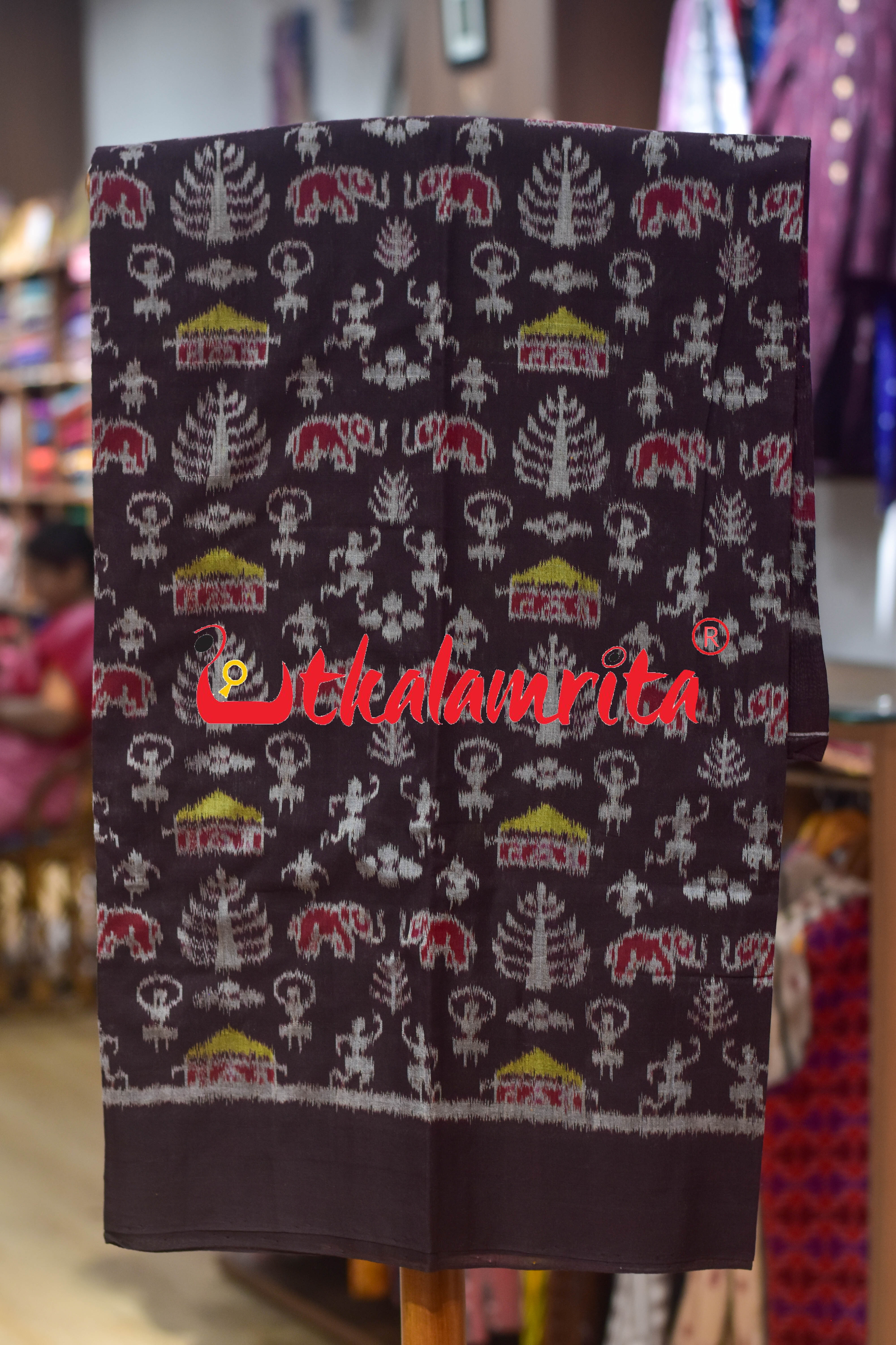 Coffee Yellow Adibasi Theme Sambalpuri Cotton Dress Set