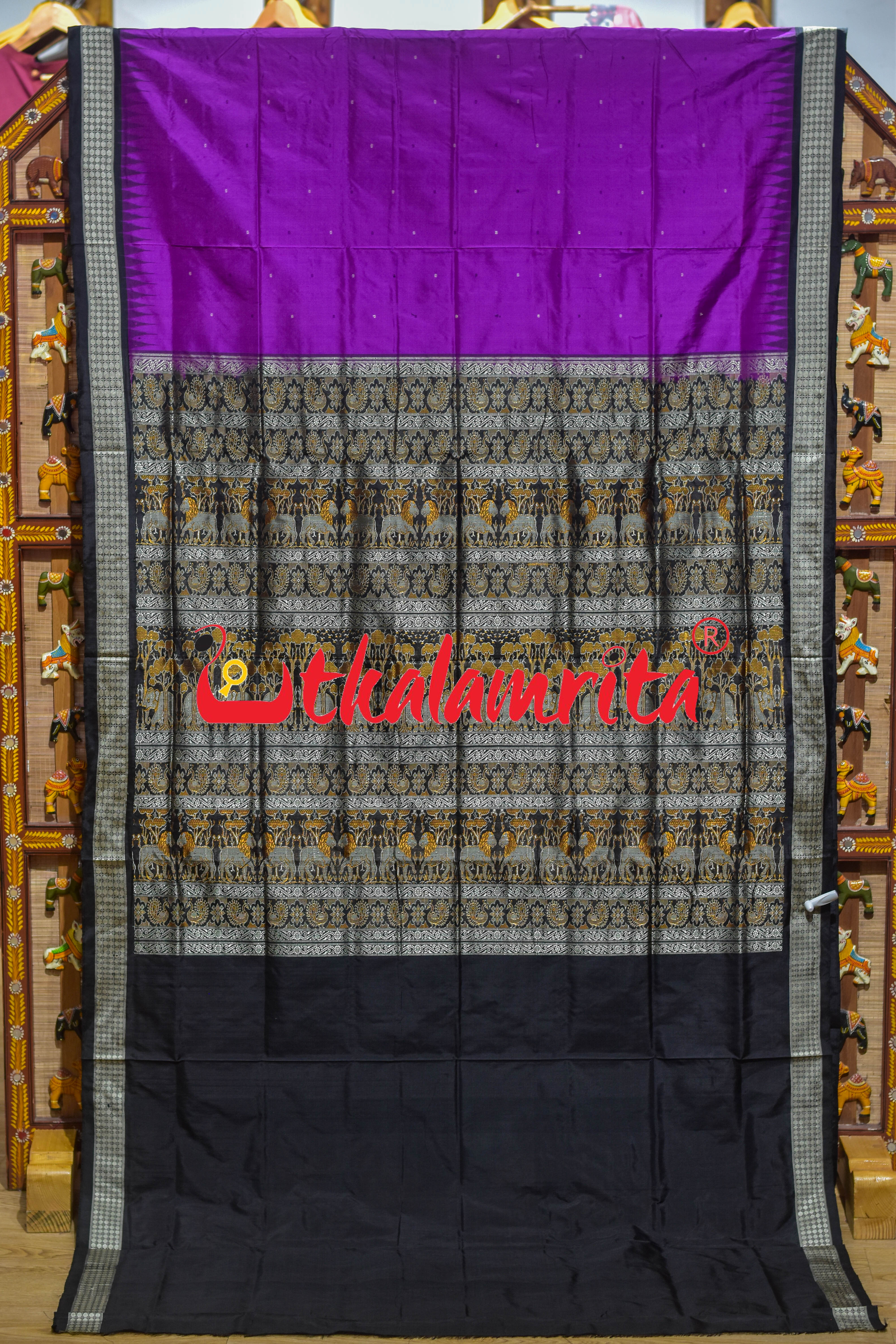 Purple Black Animal Anchal Bomkai Silk Saree