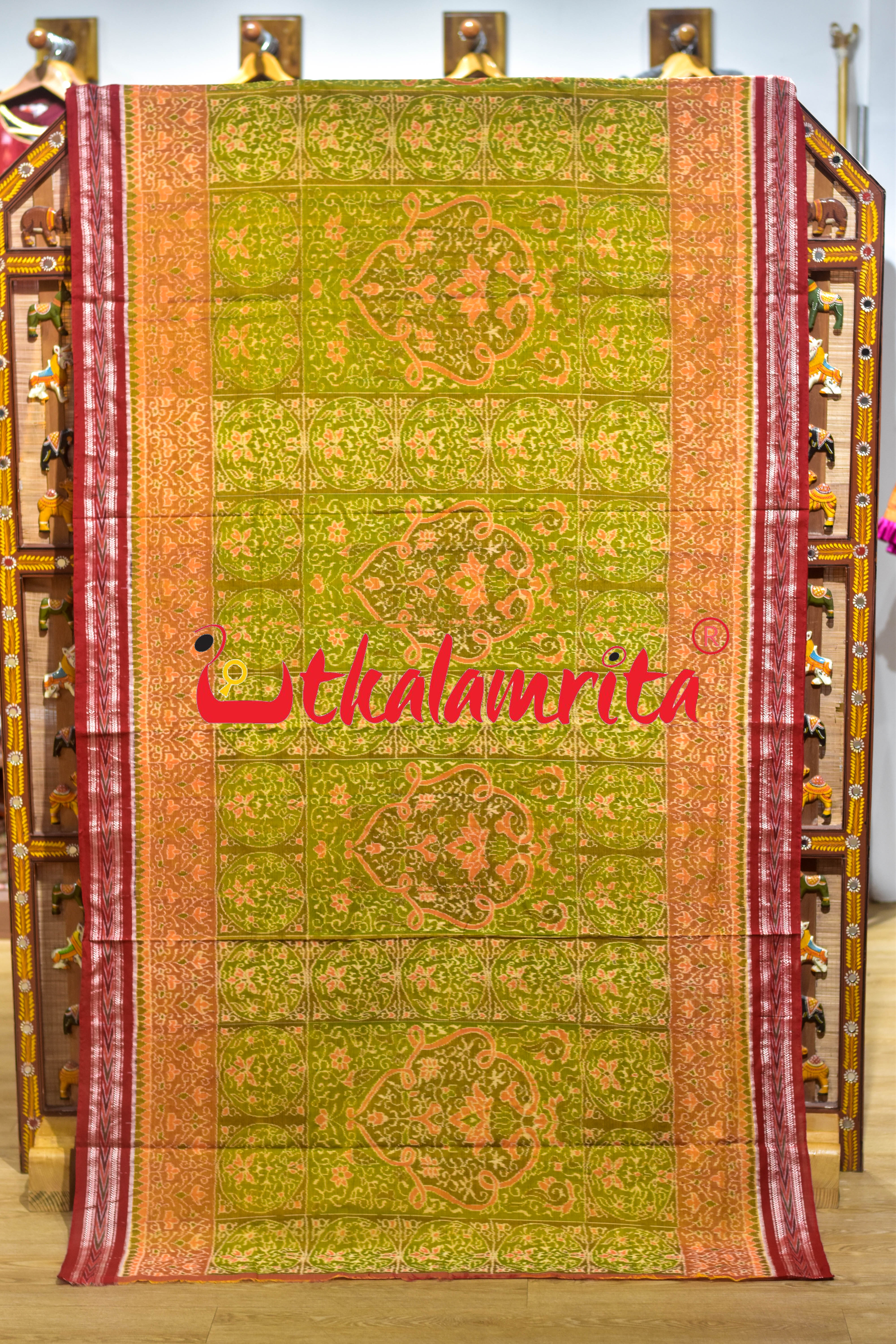 Yellow Green Red Ganjappa Cards Sambalpuri Cotton Saree