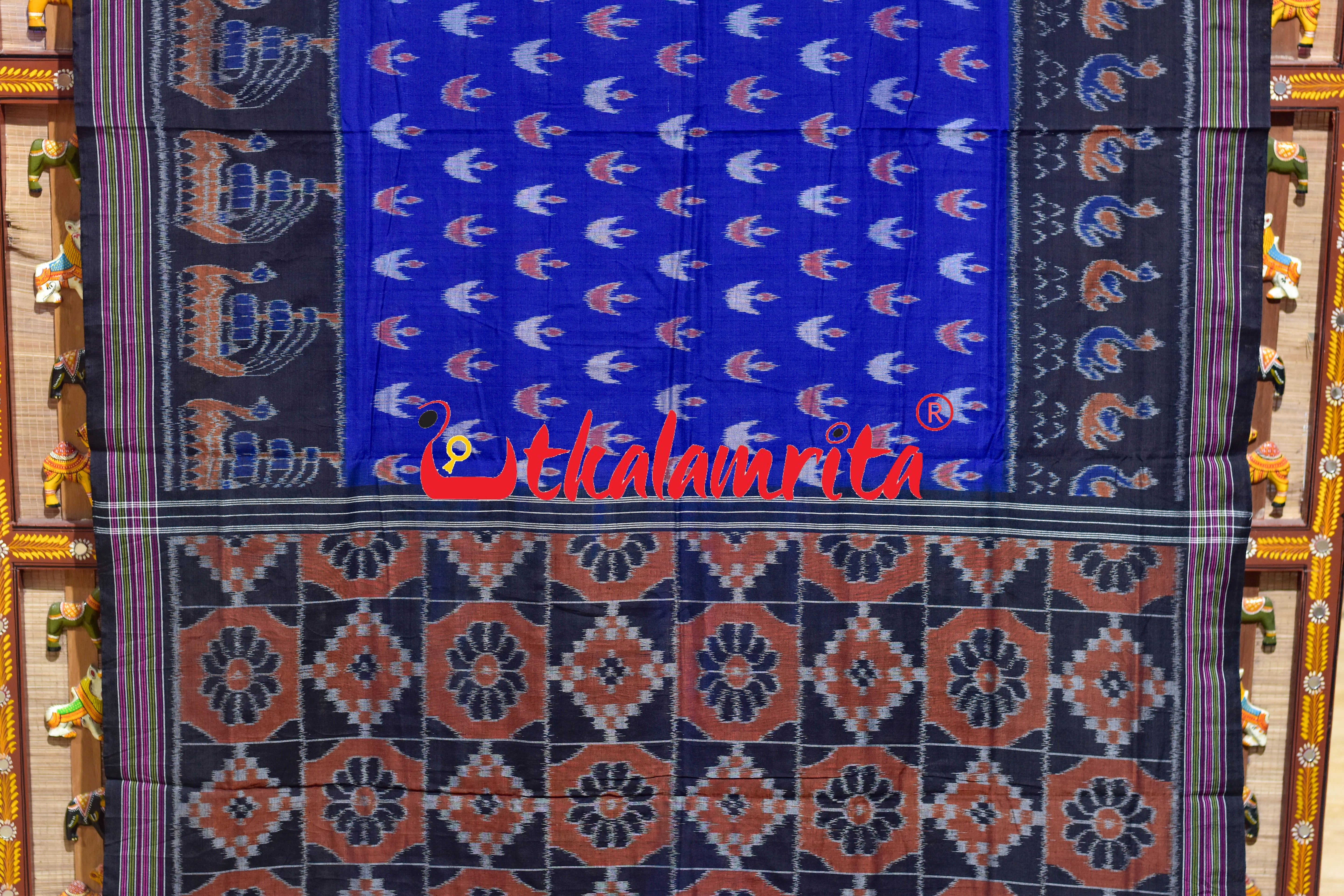 Deep Blue Ducks & Boita Khandua Cotton Saree