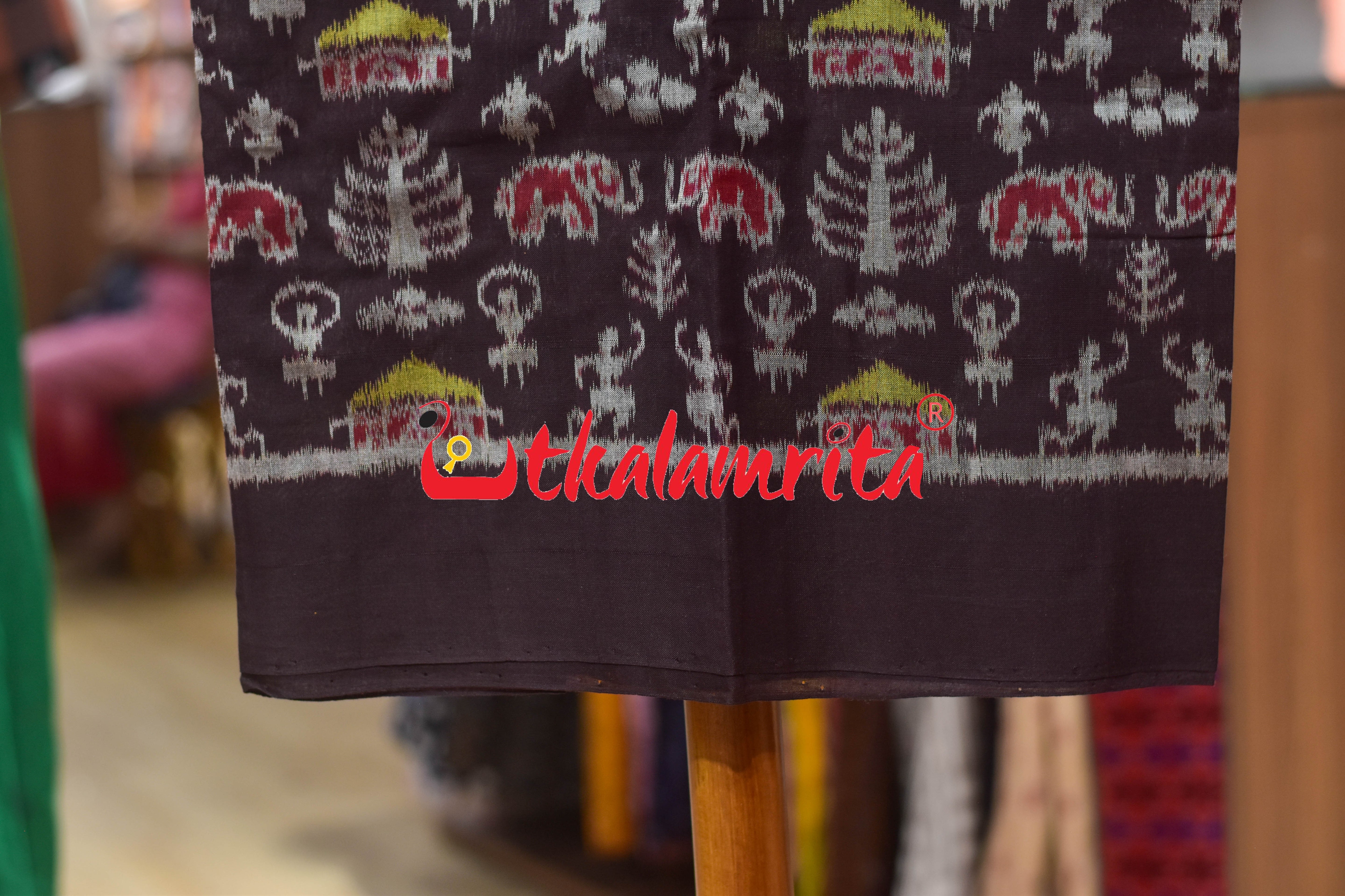 Coffee Yellow Adibasi Theme Sambalpuri Cotton Dress Set