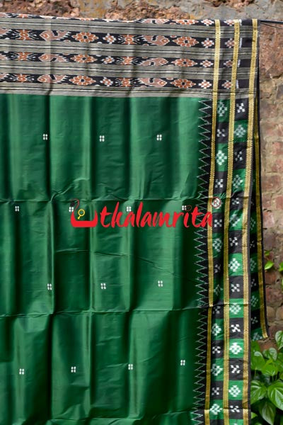 Deep Green Black Double Border Pasapali Khandua Silk Saree