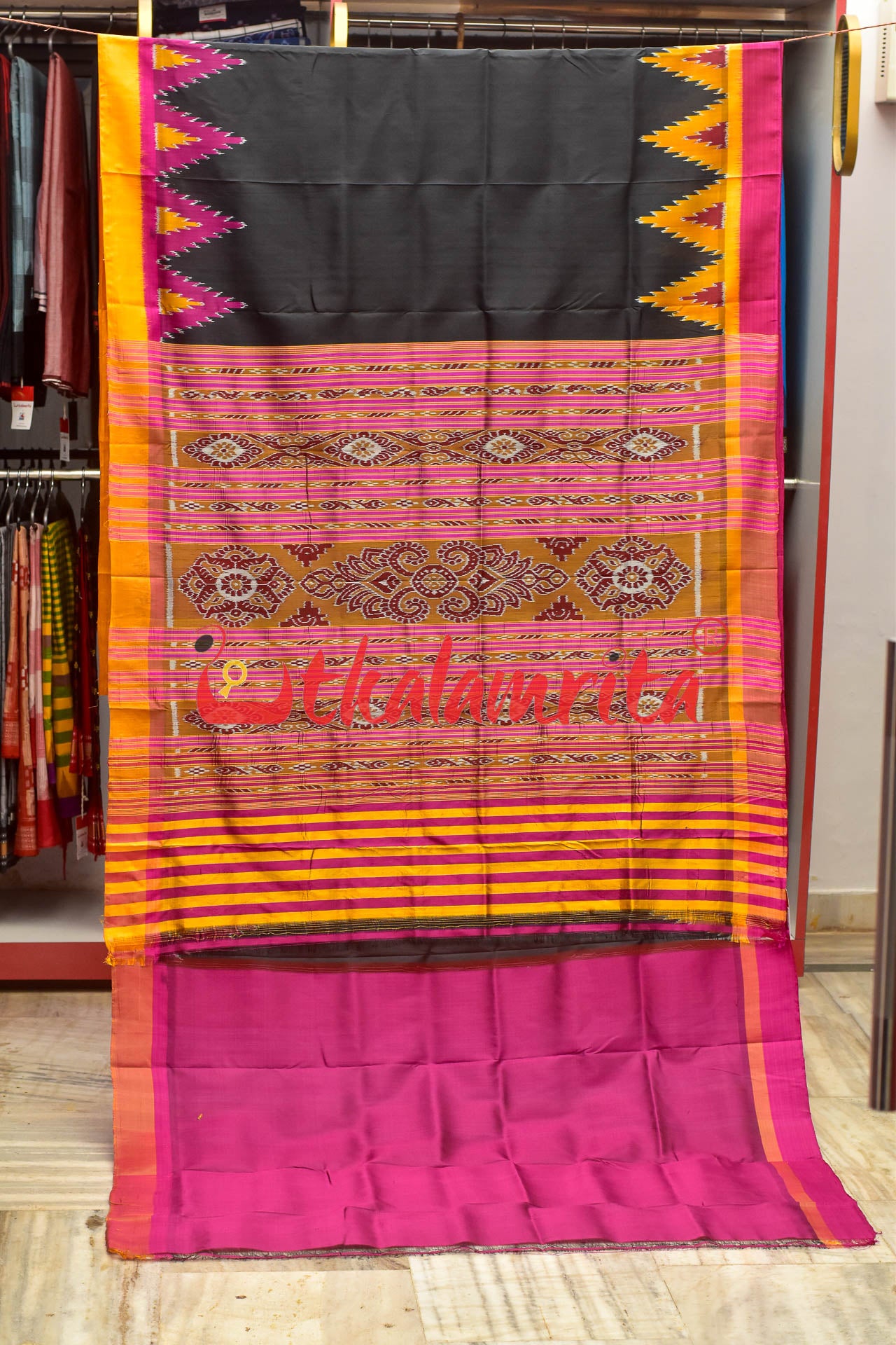 Black with Magenta Mustard Kumbha Khandua Silk Saree