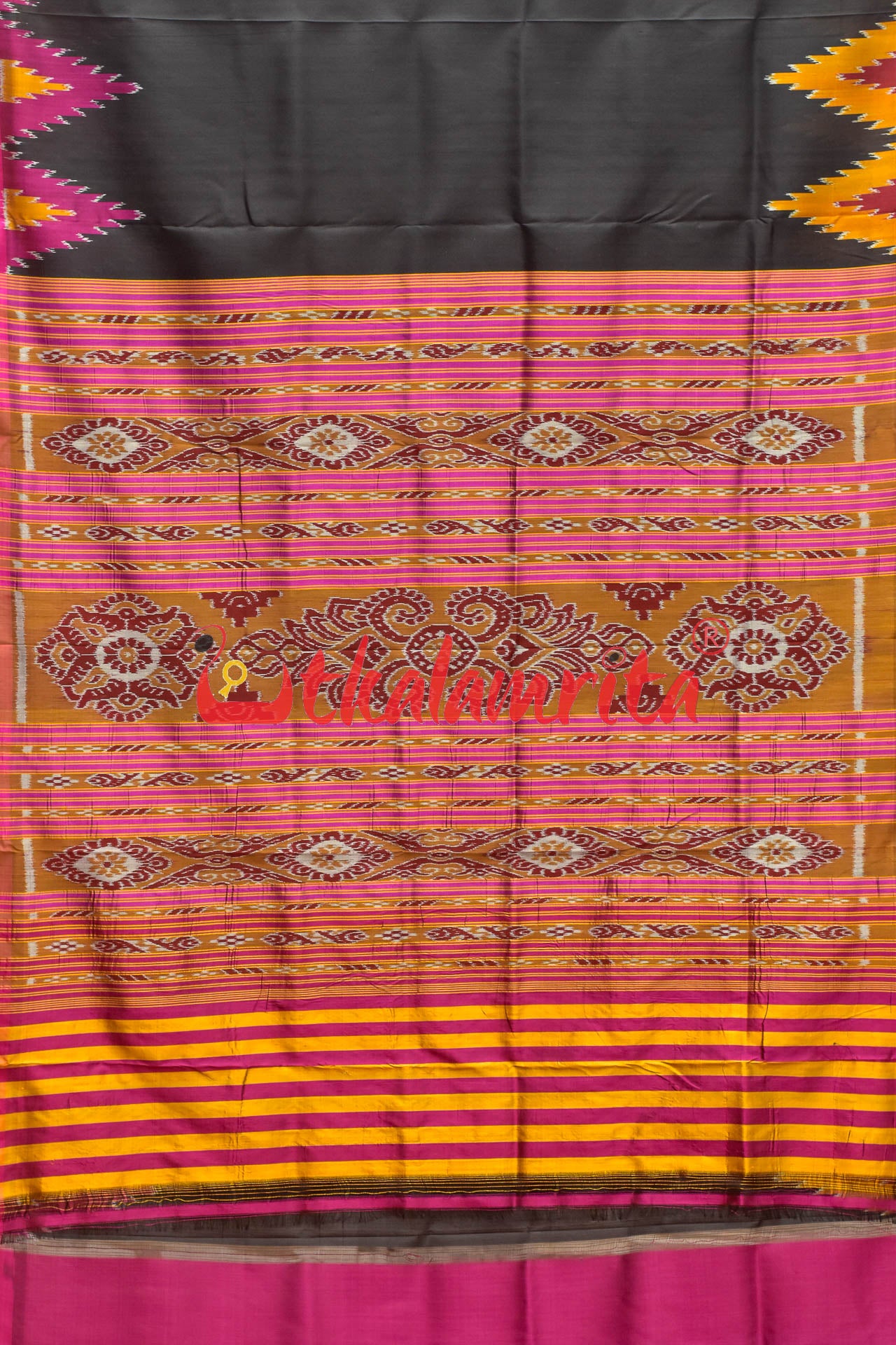 Black with Magenta Mustard Kumbha Khandua Silk Saree