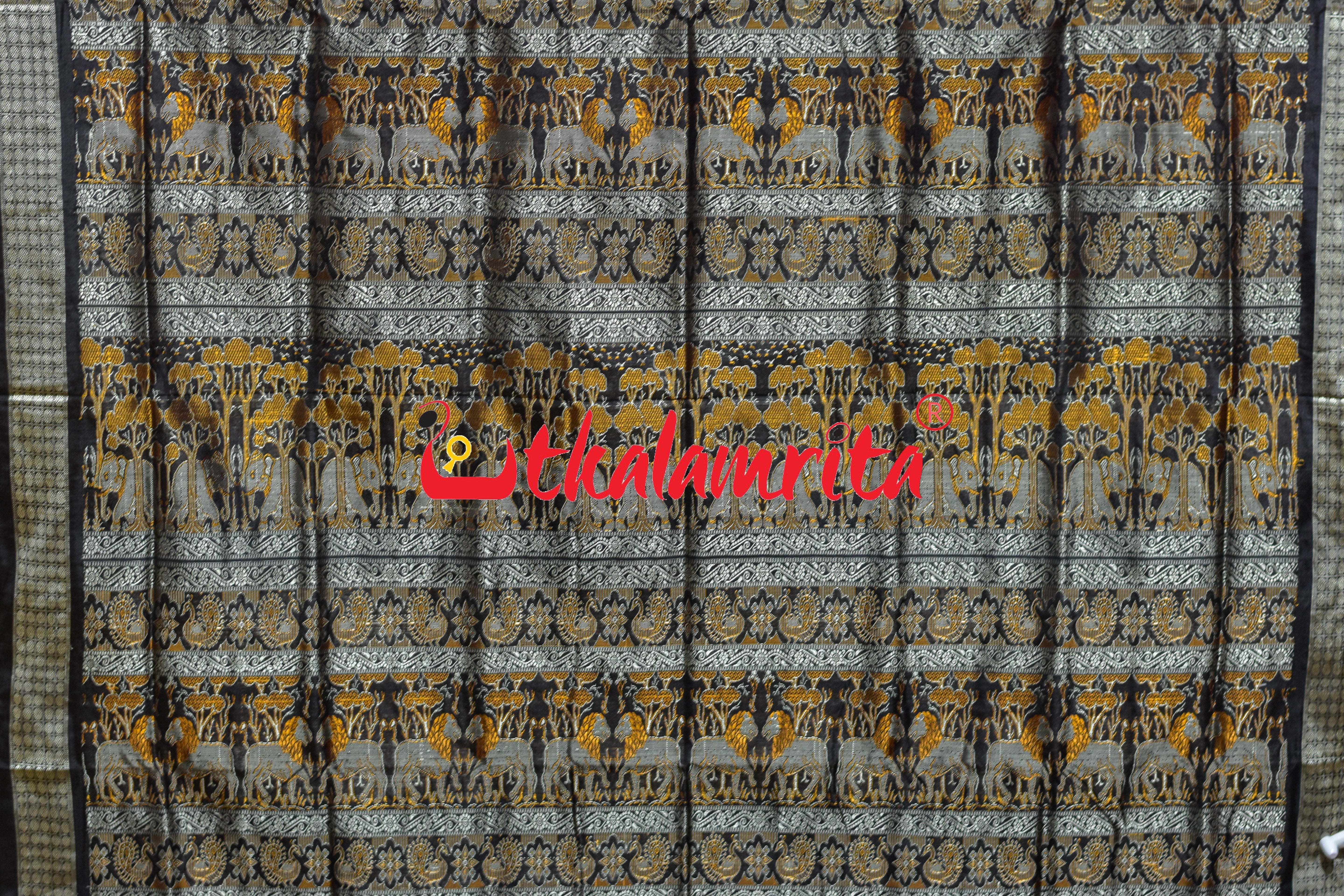 Purple Black Animal Anchal Bomkai Silk Saree