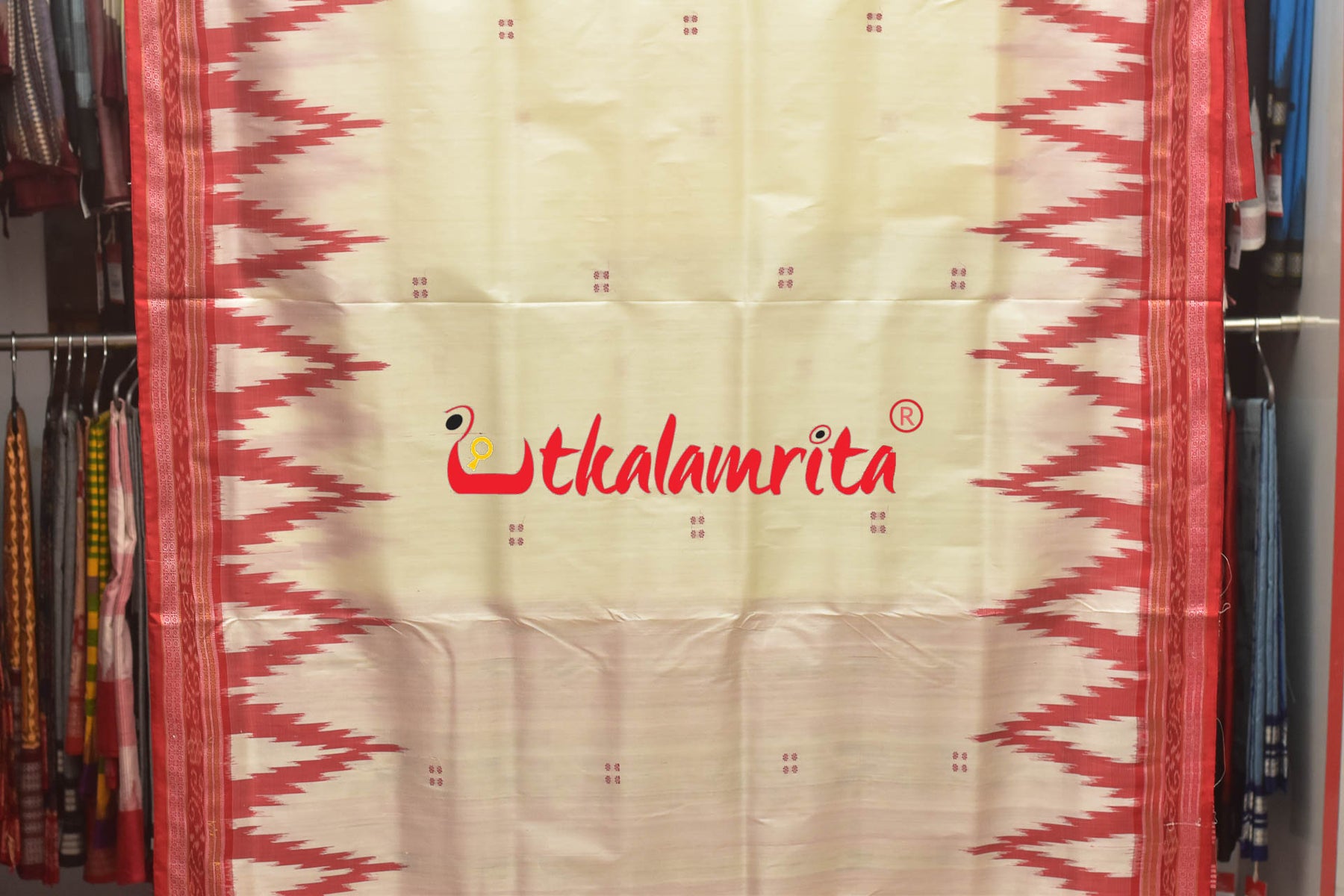 White Red Big Temples Khandua Silk Saree