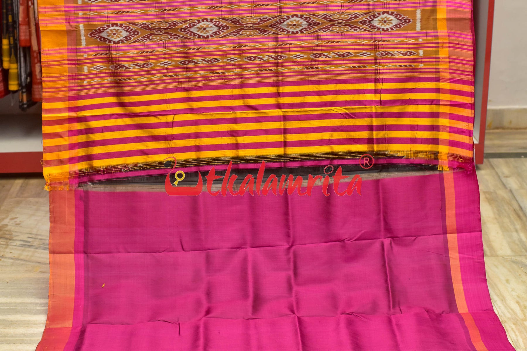 Black with Magenta Mustard Kumbha Khandua Silk Saree