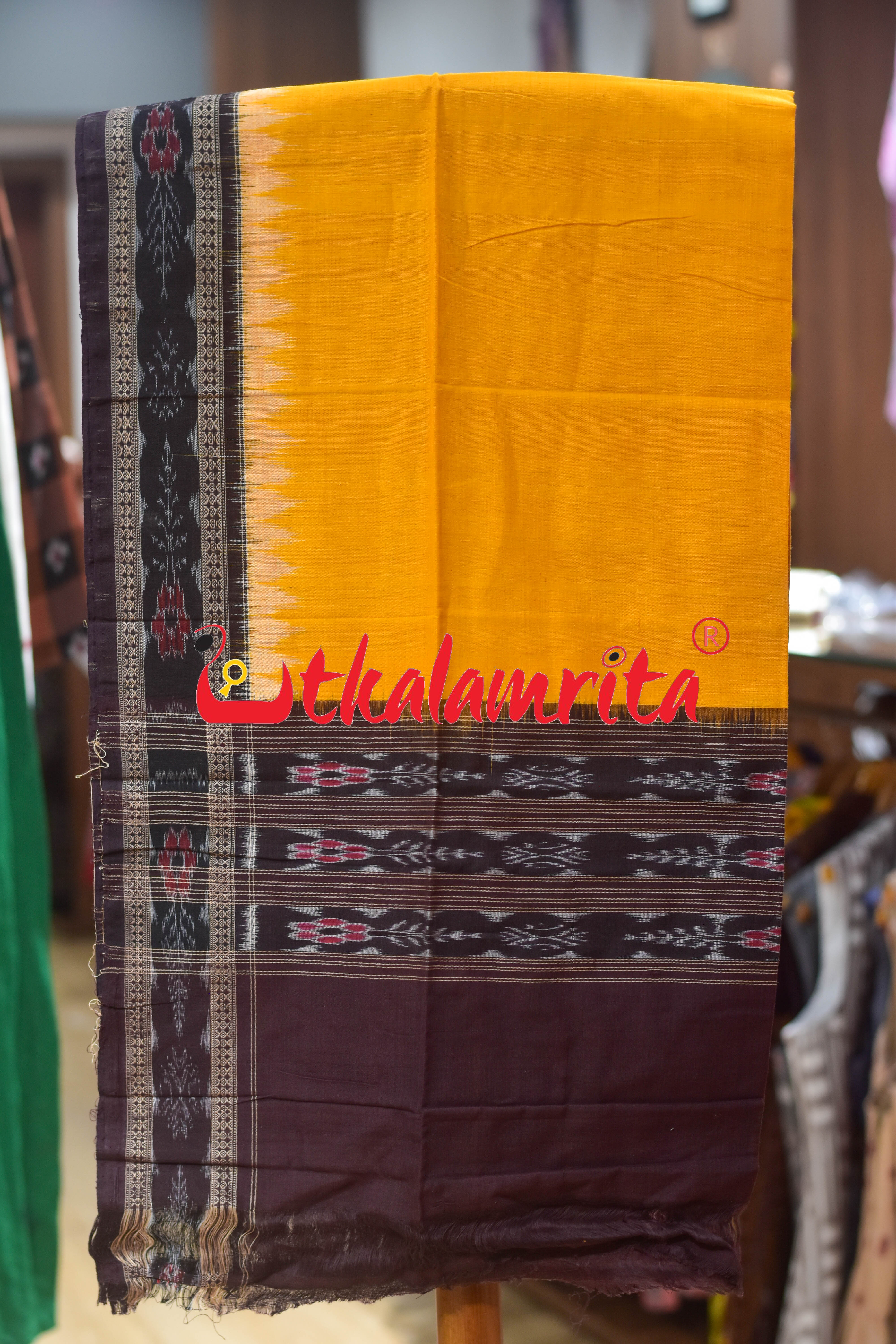 Coffee Yellow Adibasi Theme Sambalpuri Cotton Dress Set