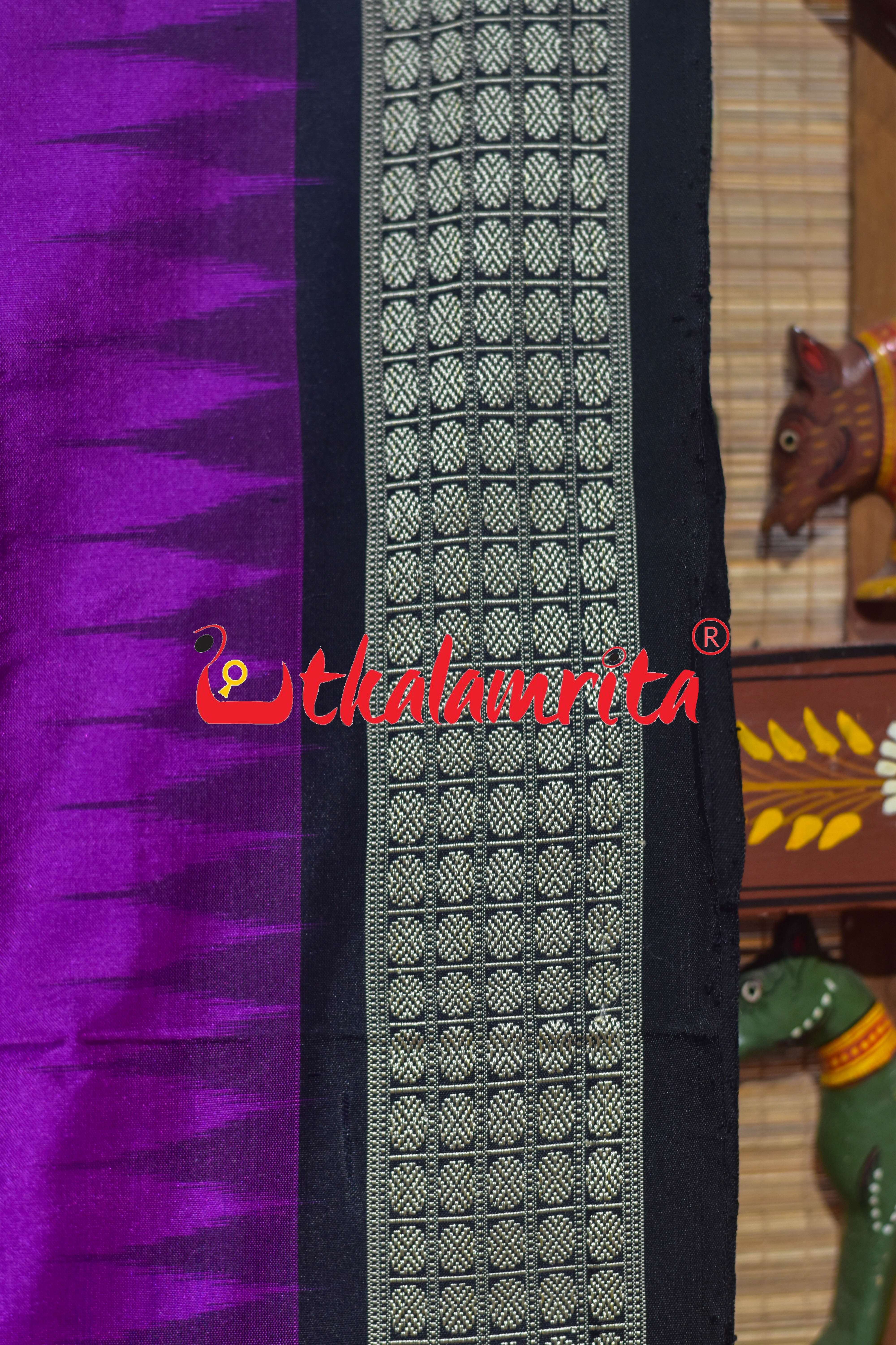 Purple Black Animal Anchal Bomkai Silk Saree