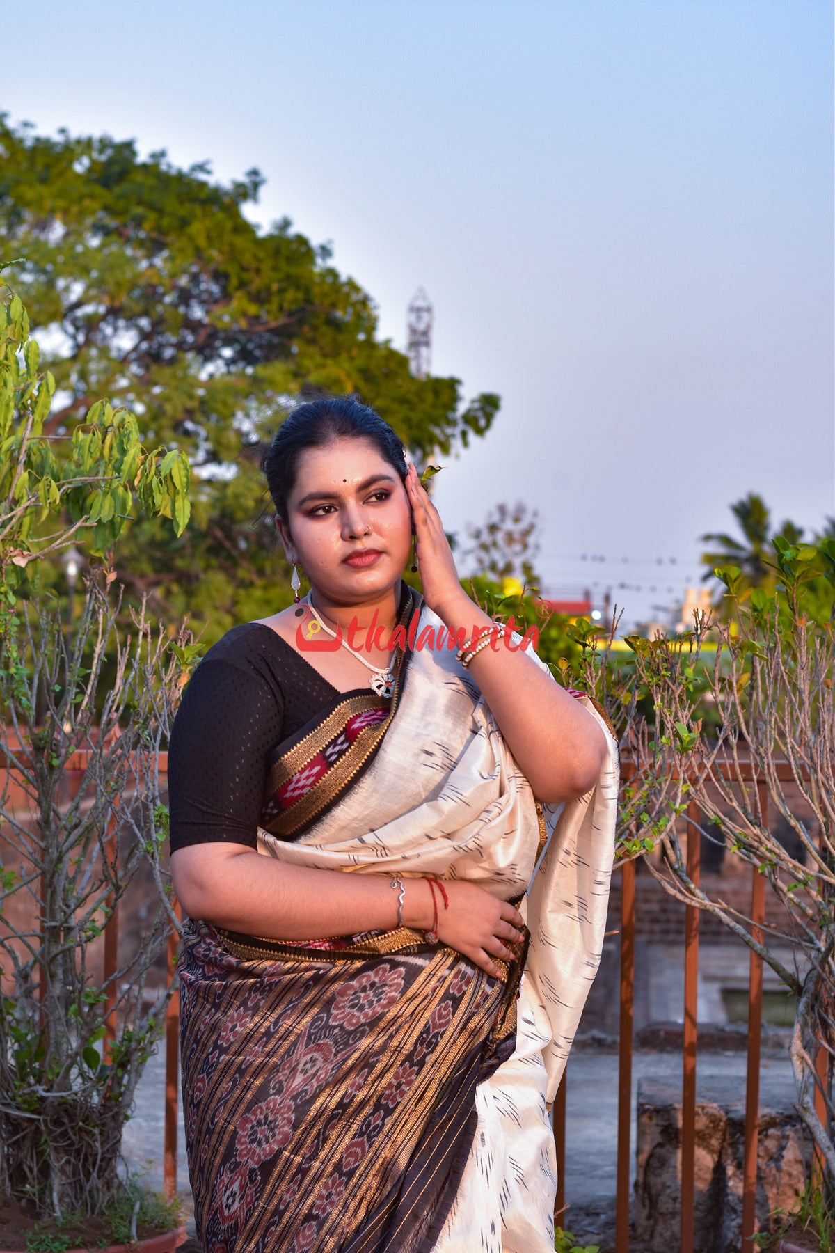 White Black Mayura Chandrika Khandua Silk Saree