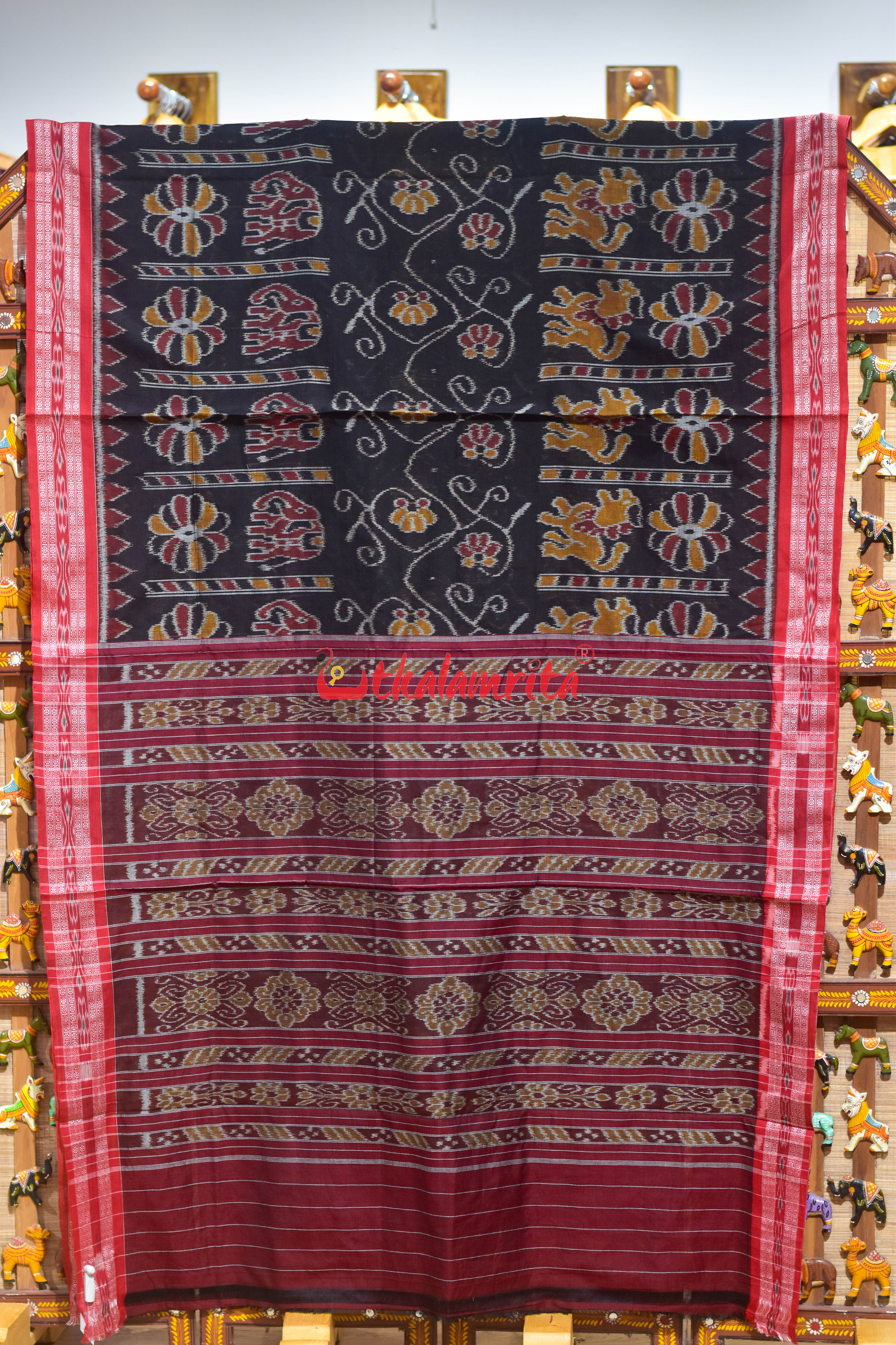 Black Red Elephant Khandua Cotton Saree