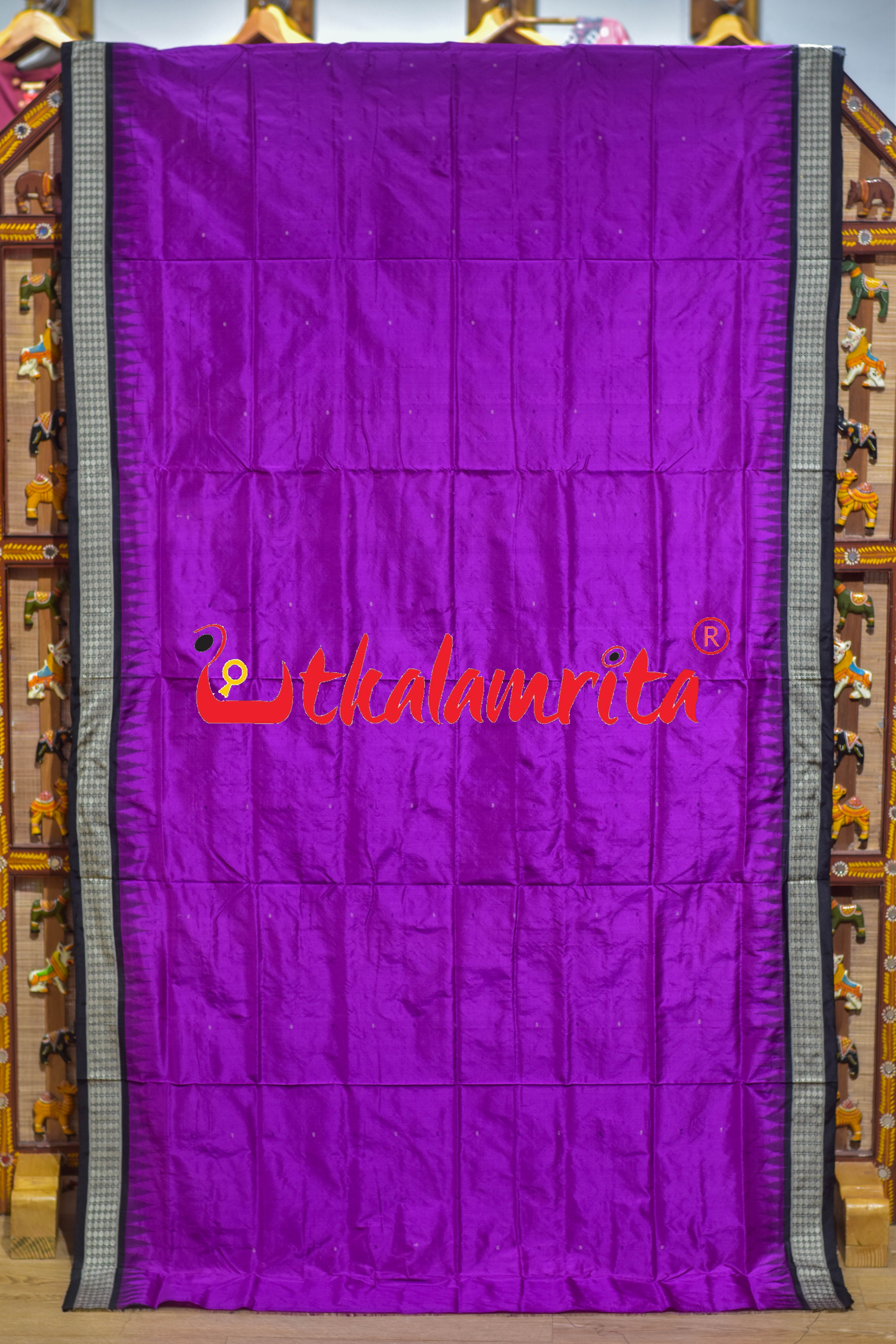 Purple Black Animal Anchal Bomkai Silk Saree