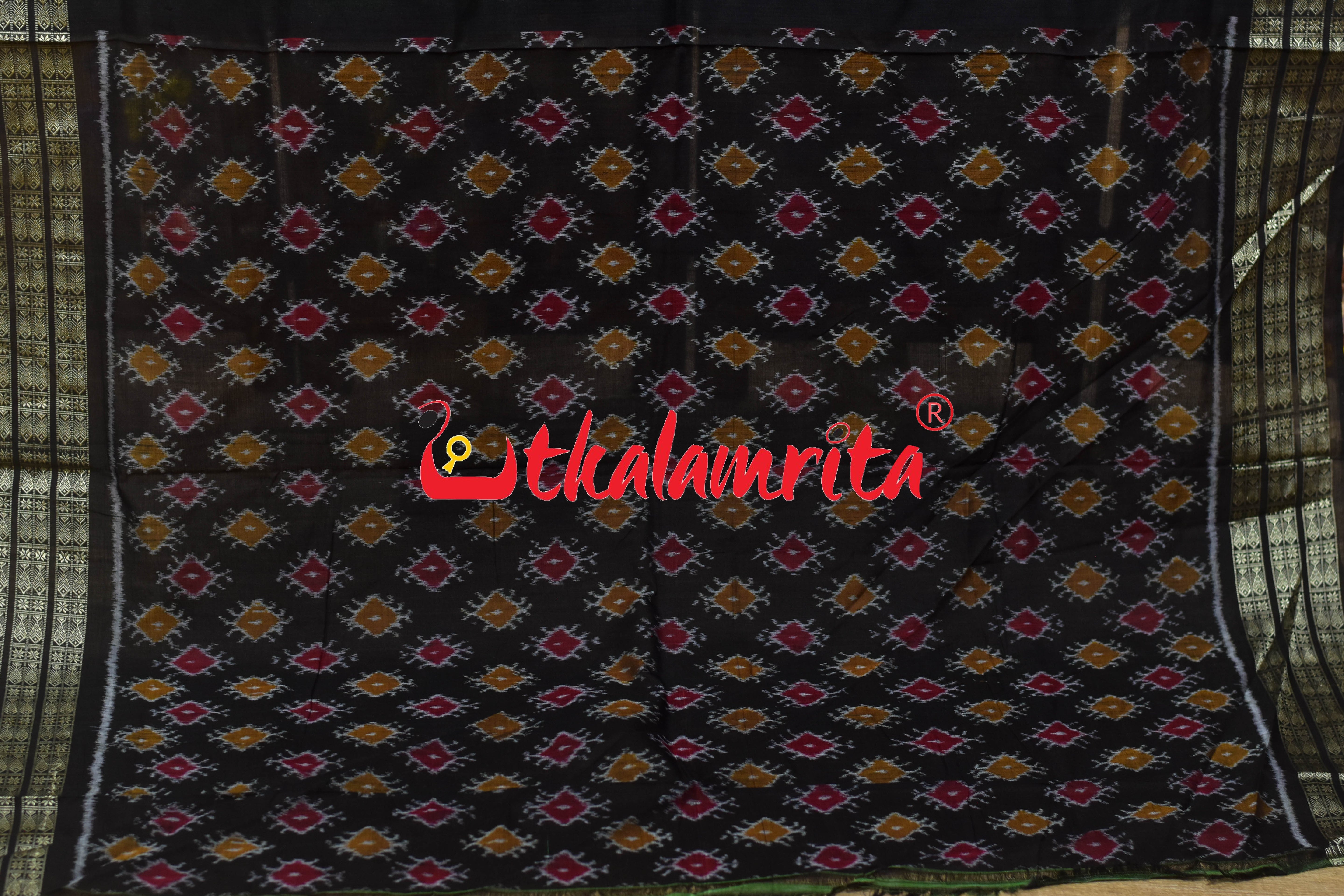Parrot Green Black Flower Sambalpuri Cotton Saree