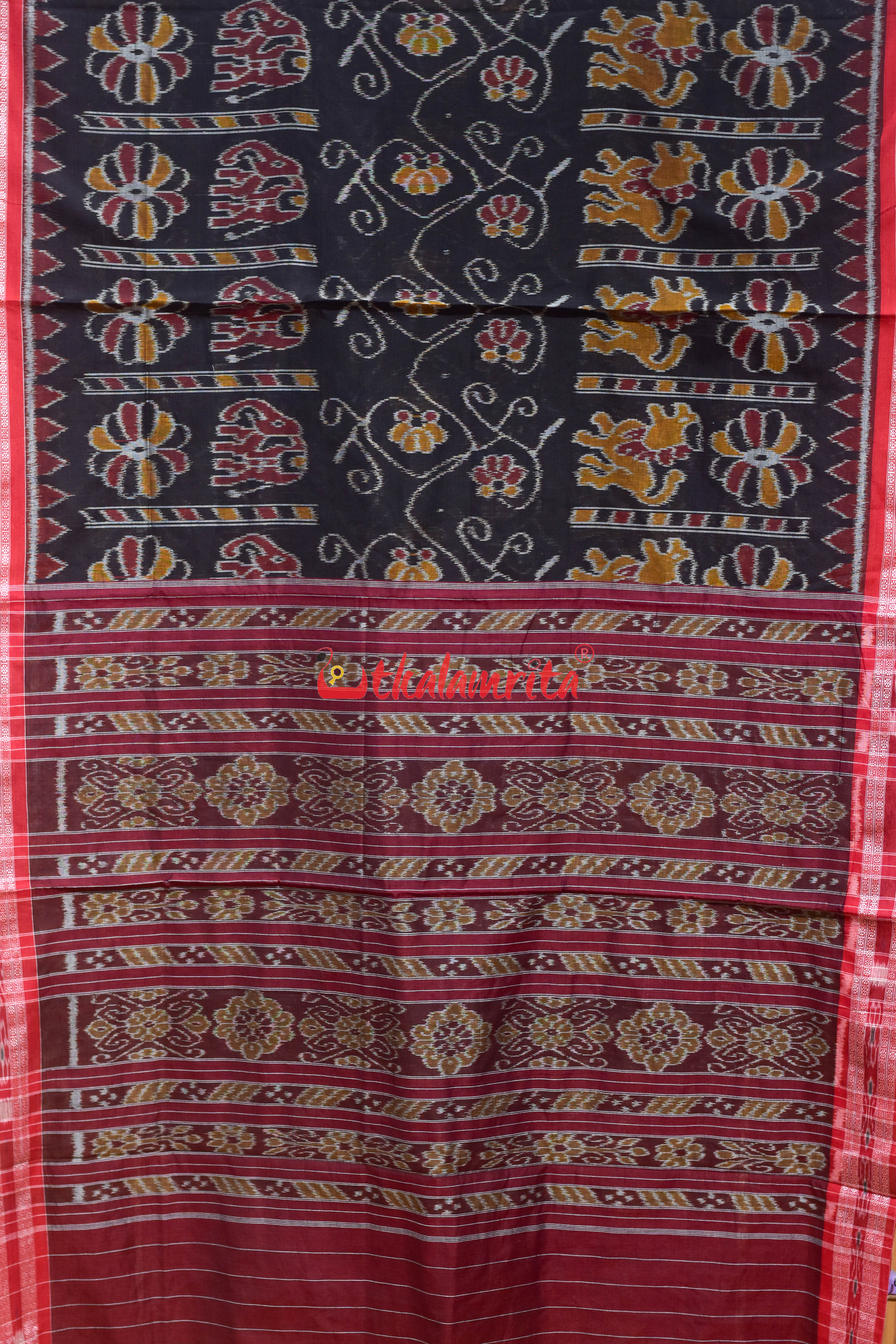 Black Red Elephant Khandua Cotton Saree