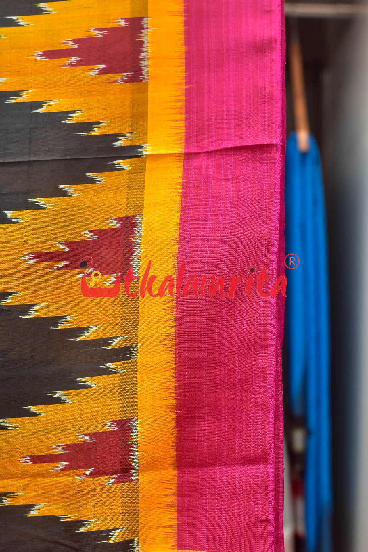 Black with Magenta Mustard Kumbha Khandua Silk Saree