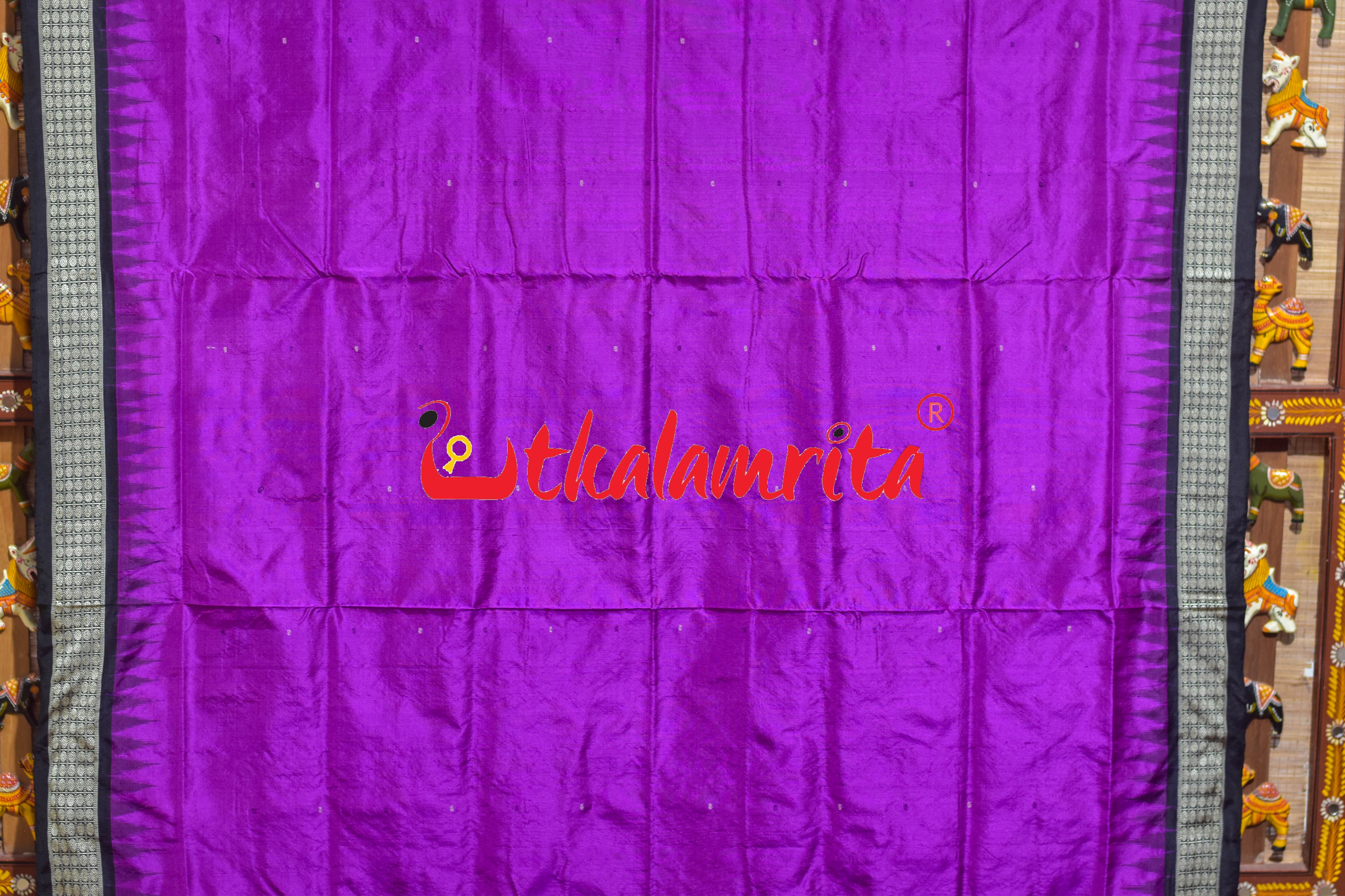 Purple Black Animal Anchal Bomkai Silk Saree