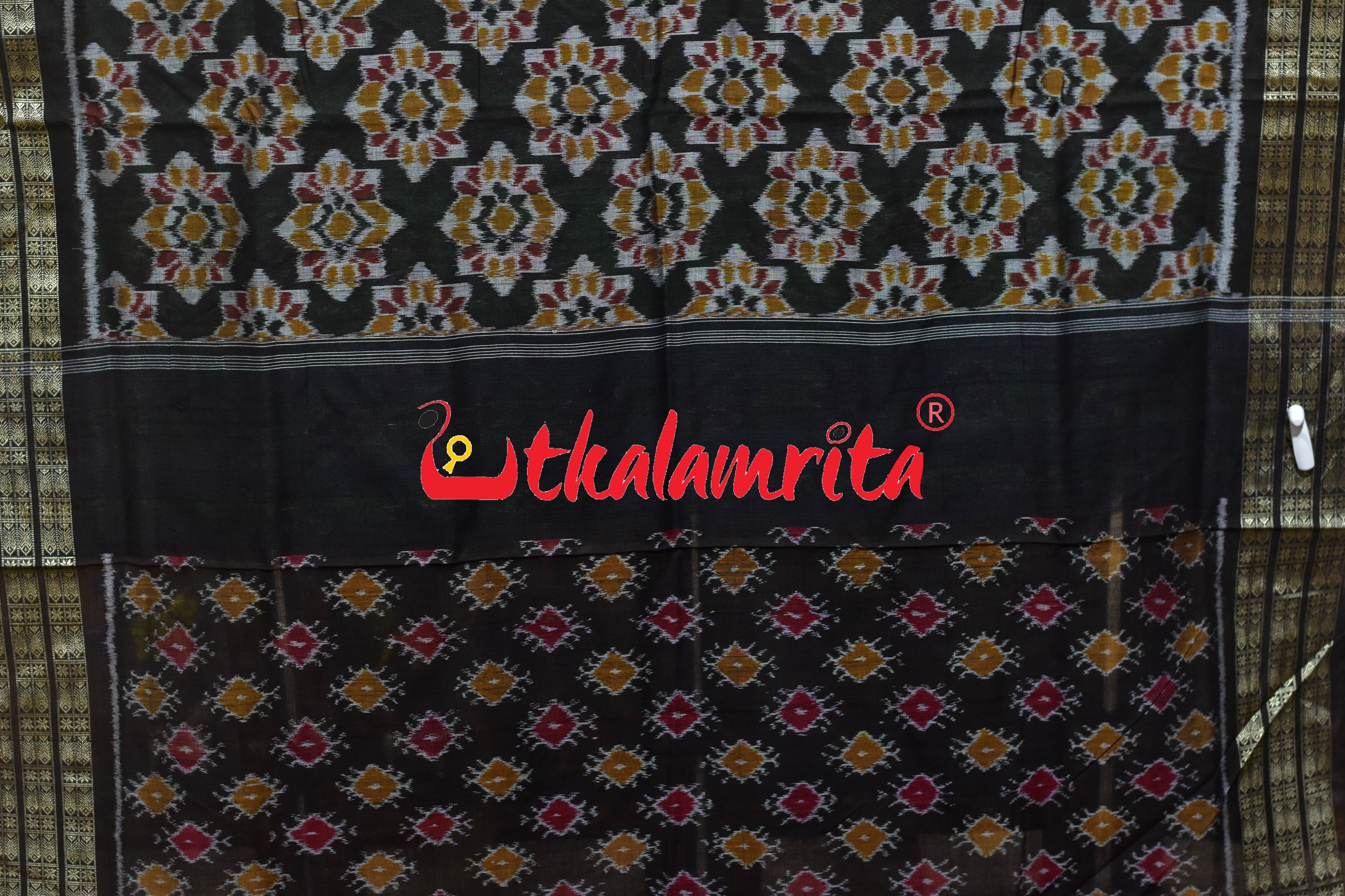 Parrot Green Black Flower Sambalpuri Cotton Saree