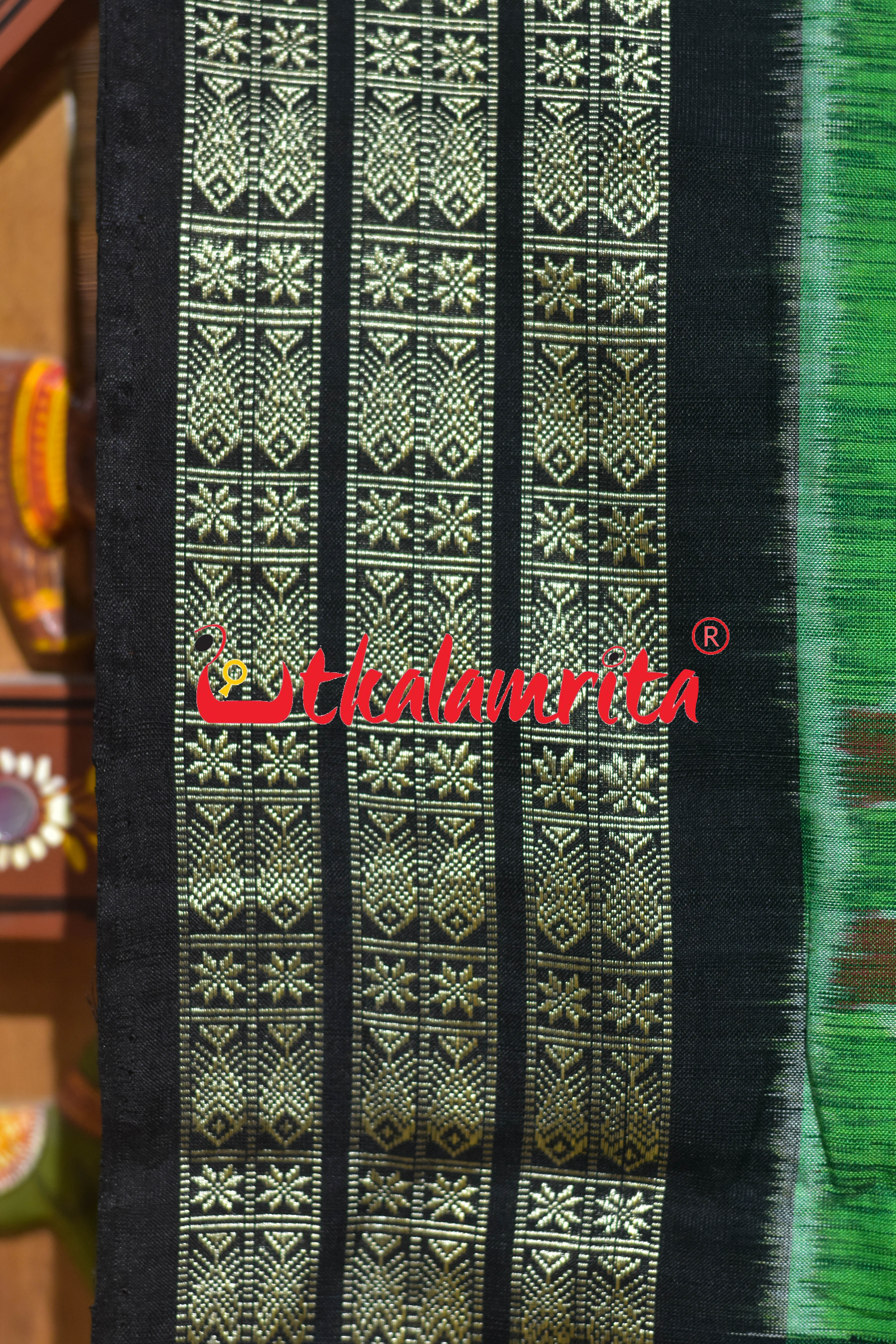 Parrot Green Black Flower Sambalpuri Cotton Saree