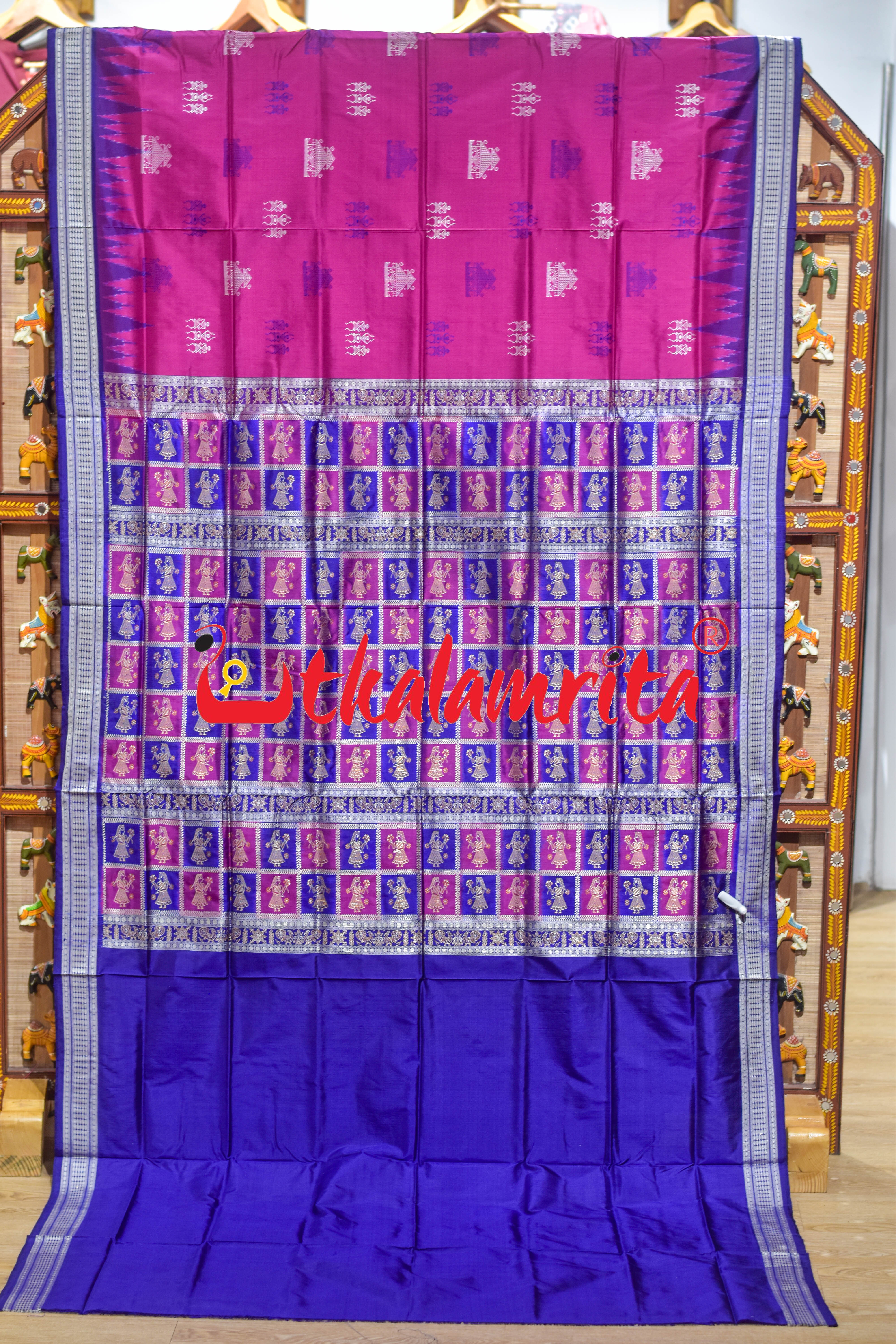 Rani Blue Tribal Temple Bomkai Silk Saree