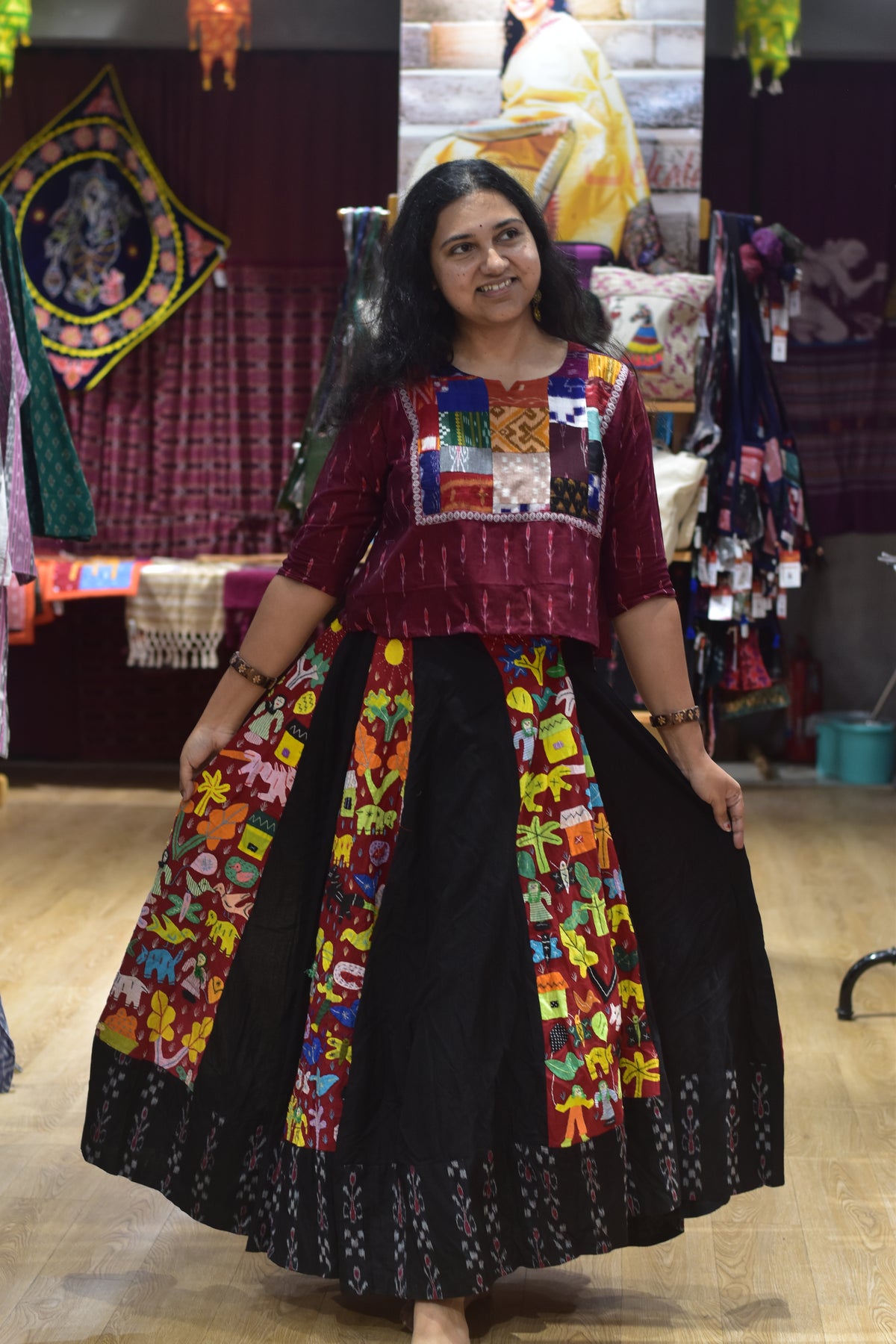 Black Applique Fusion Ikat Designer Garba Skirt