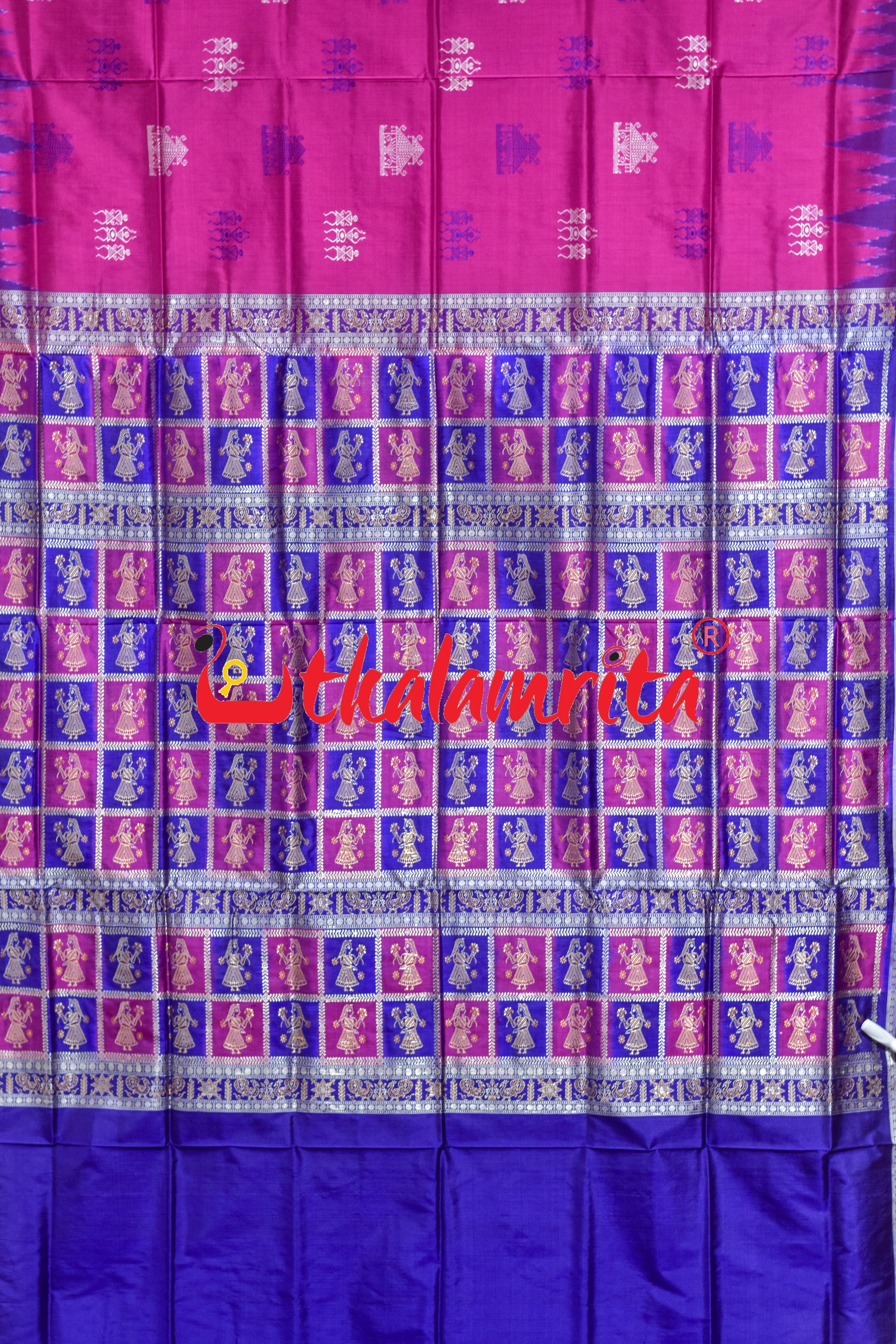 Rani Blue Tribal Temple Bomkai Silk Saree