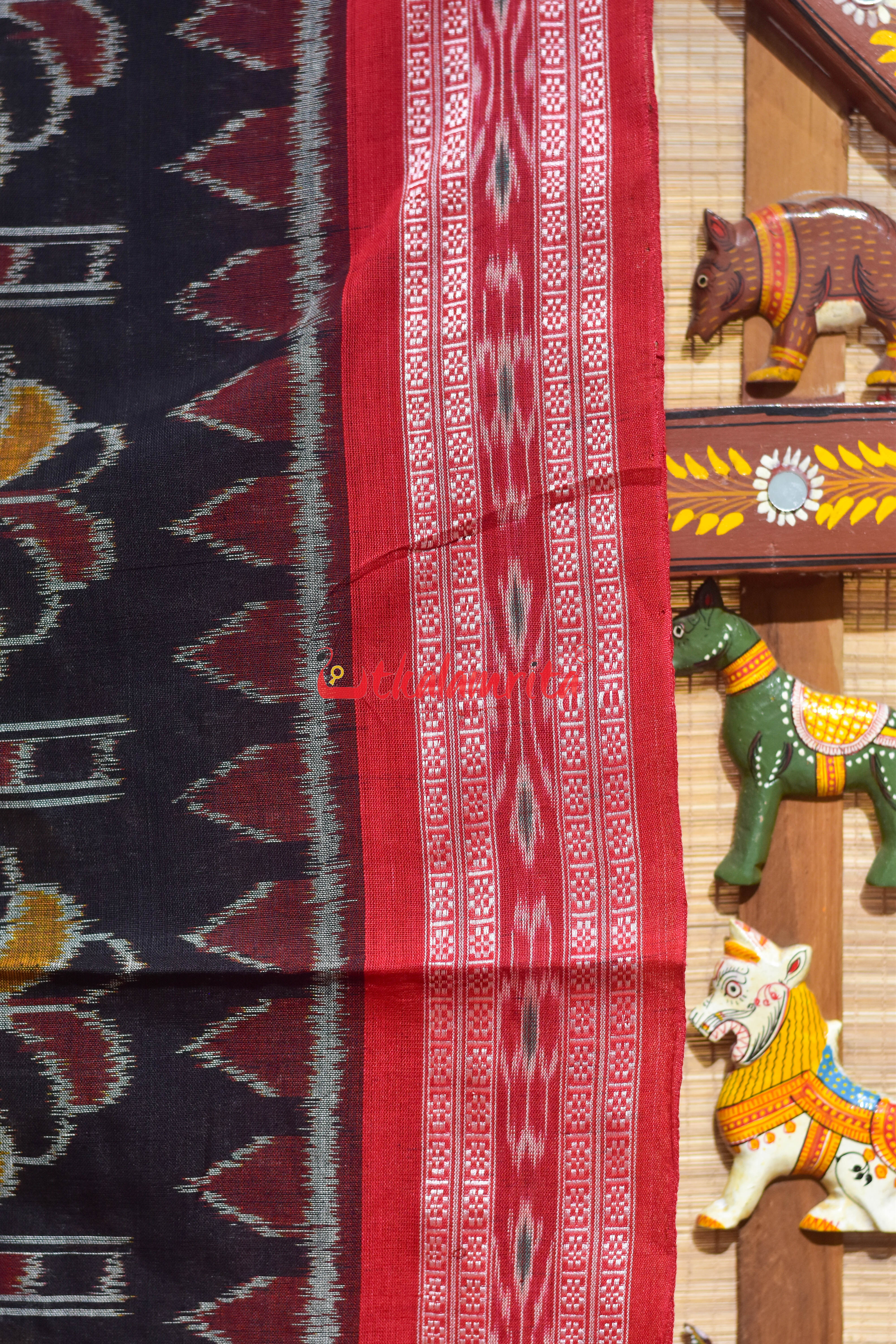 Black Red Elephant Khandua Cotton Saree