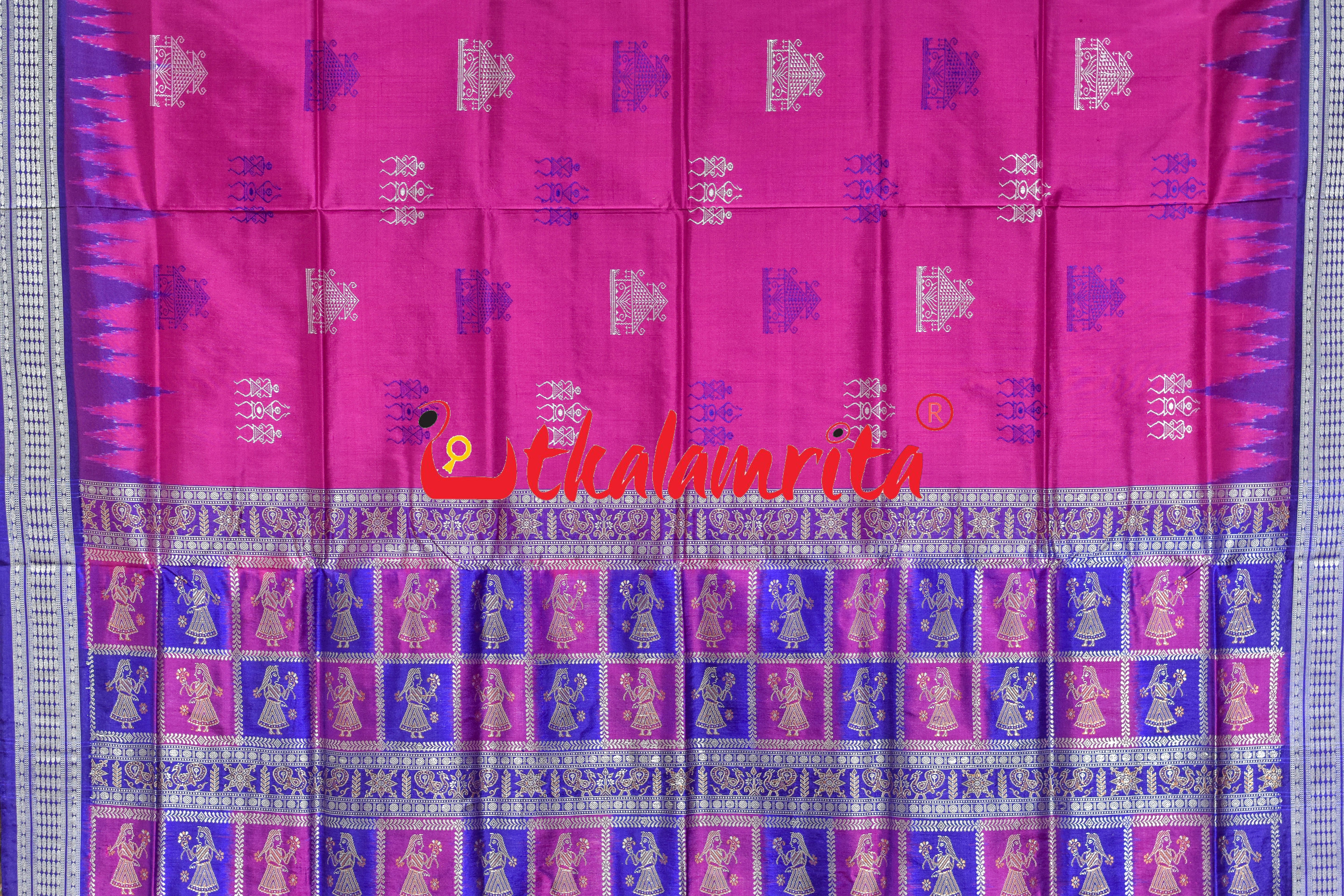 Rani Blue Tribal Temple Bomkai Silk Saree