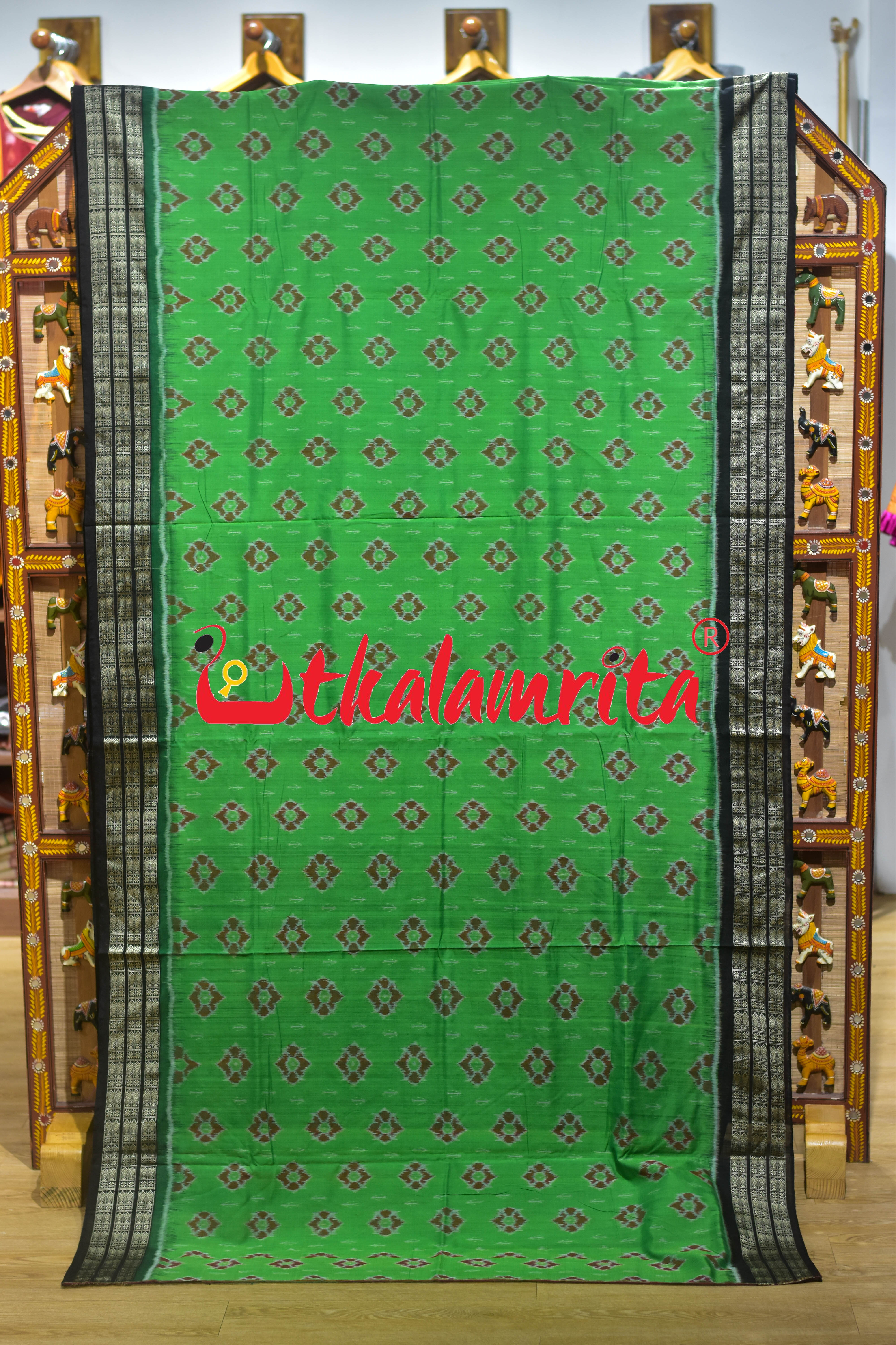 Parrot Green Black Flower Sambalpuri Cotton Saree