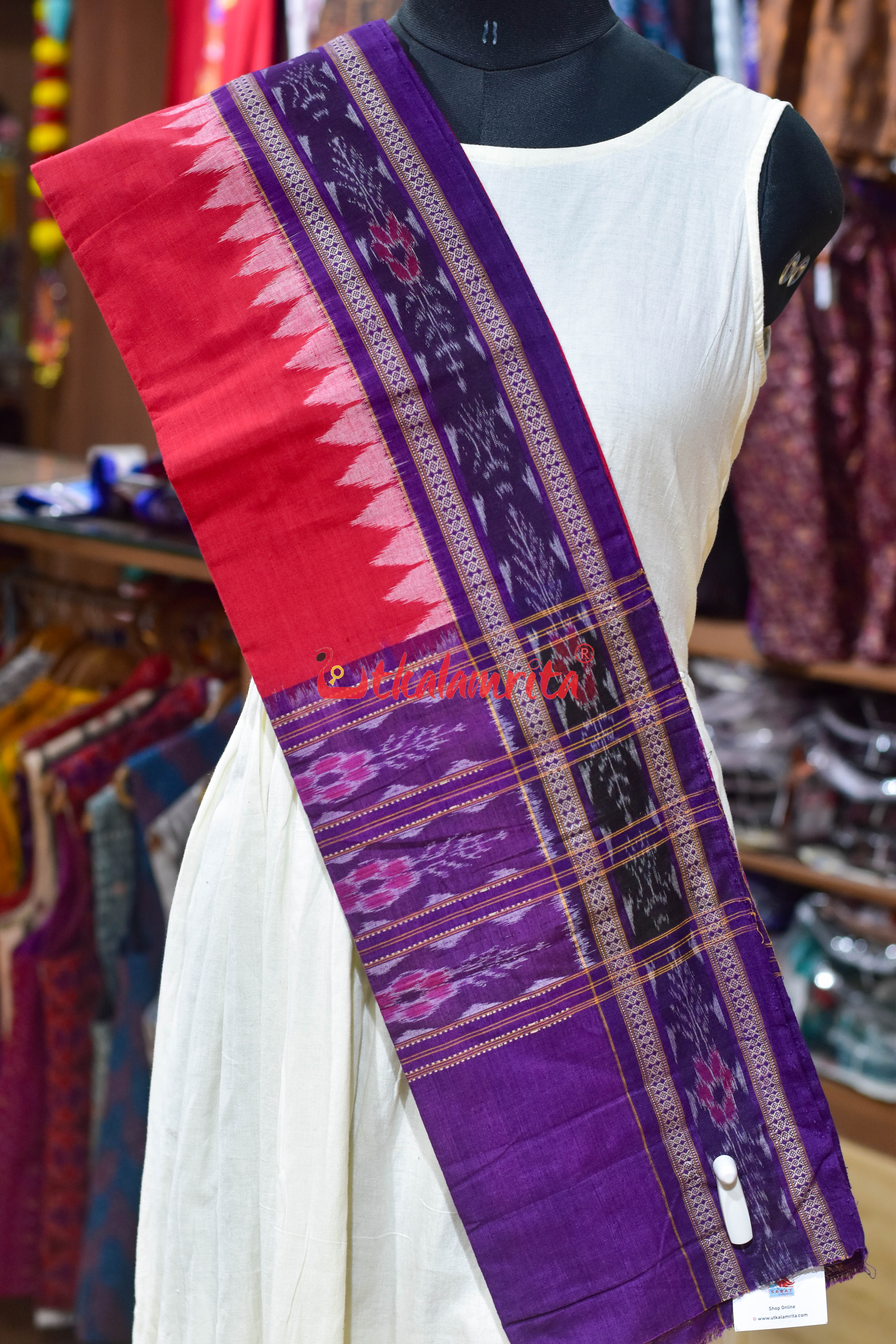 Red with Purple Flower Bandha Cotton (Dupatta)