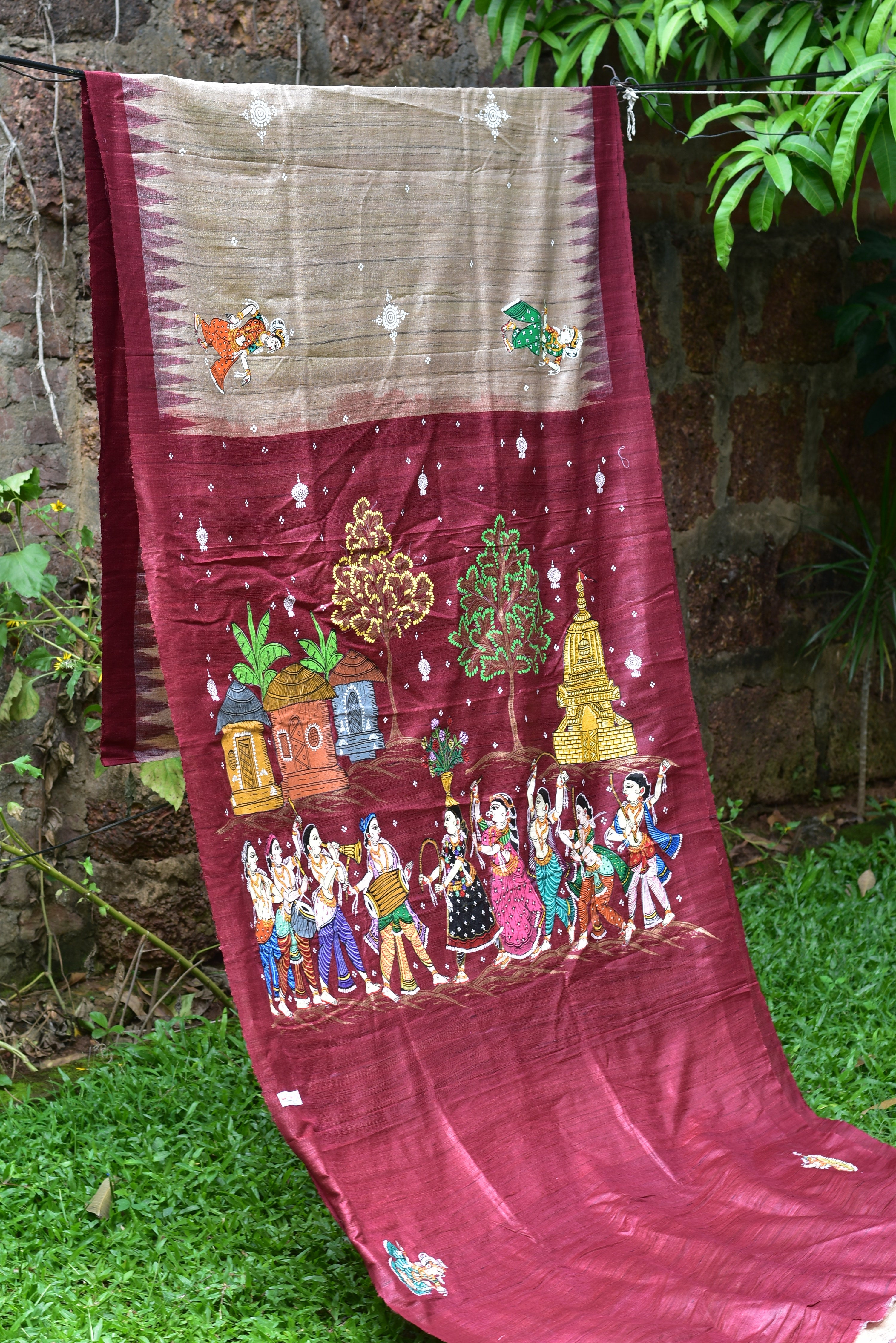 Jhamu Jatra Ghicha Tussar Ghee Maroon Saree