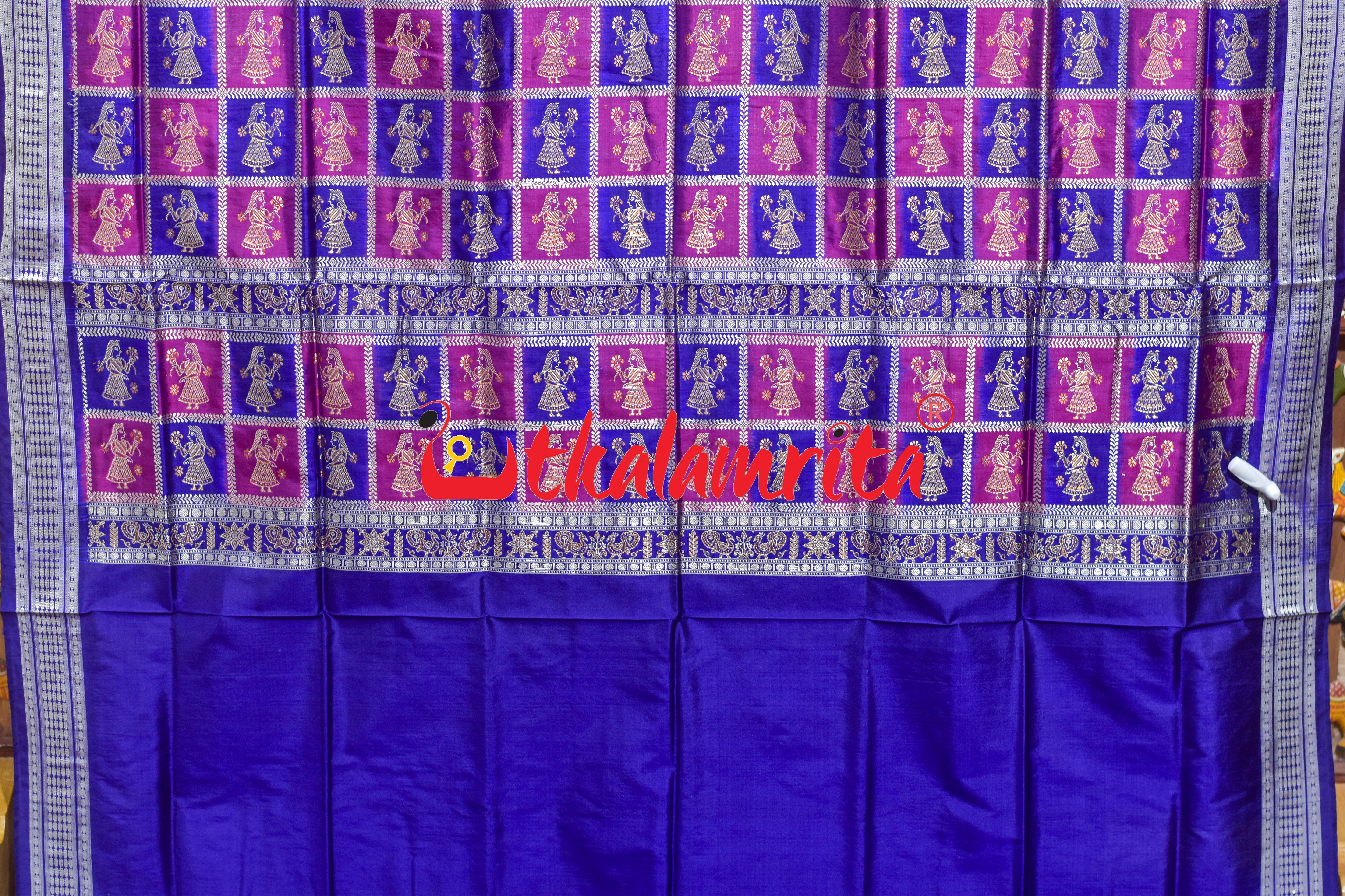 Rani Blue Tribal Temple Bomkai Silk Saree