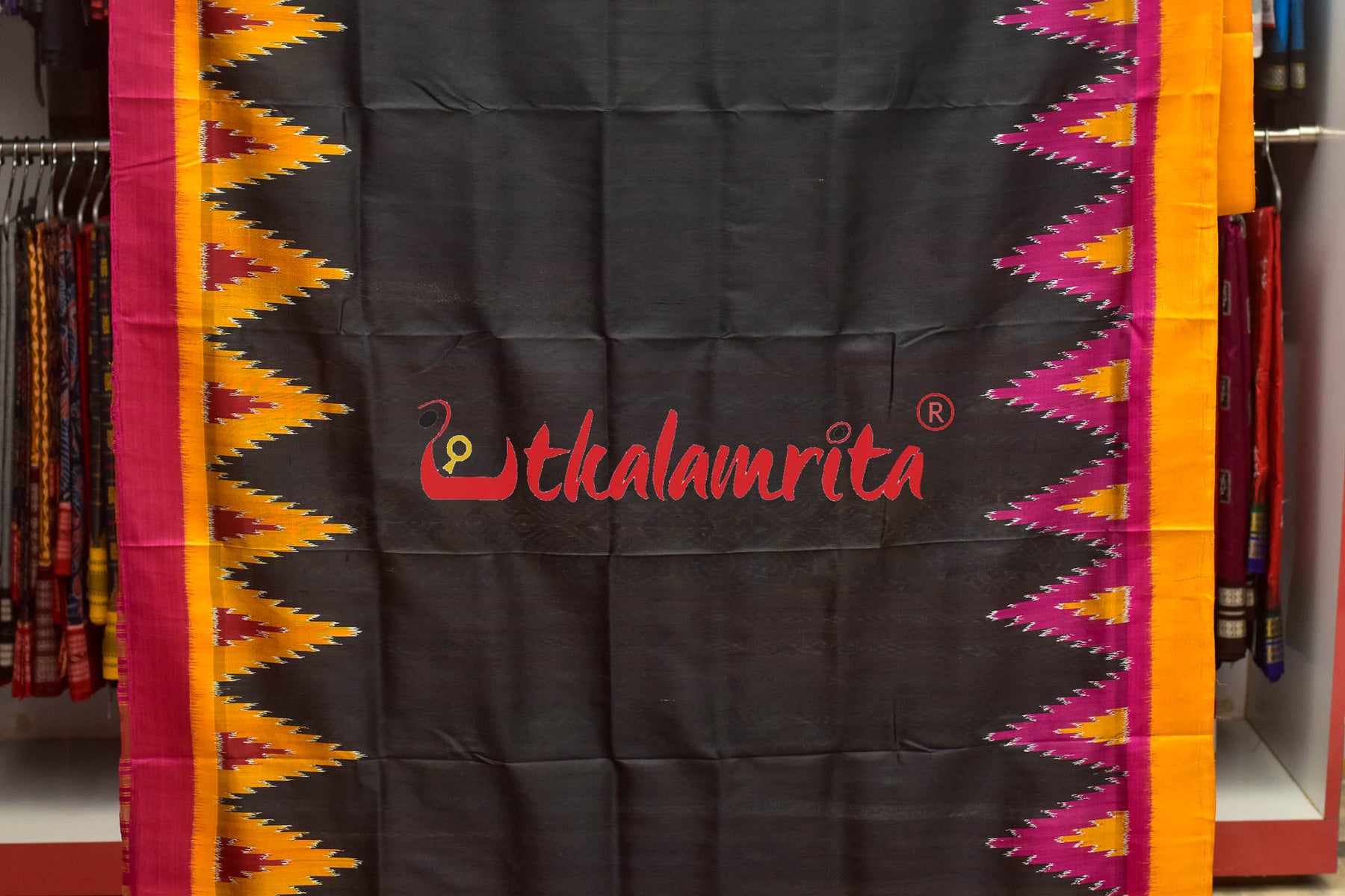 Black with Magenta Mustard Kumbha Khandua Silk Saree