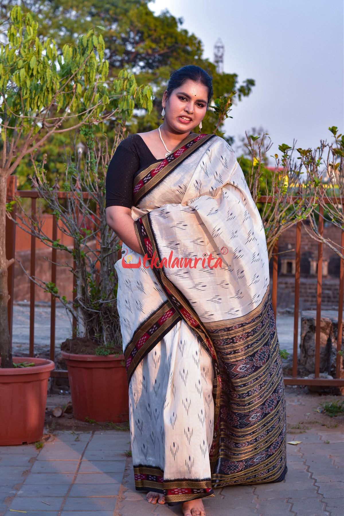 White Black Mayura Chandrika Khandua Silk Saree