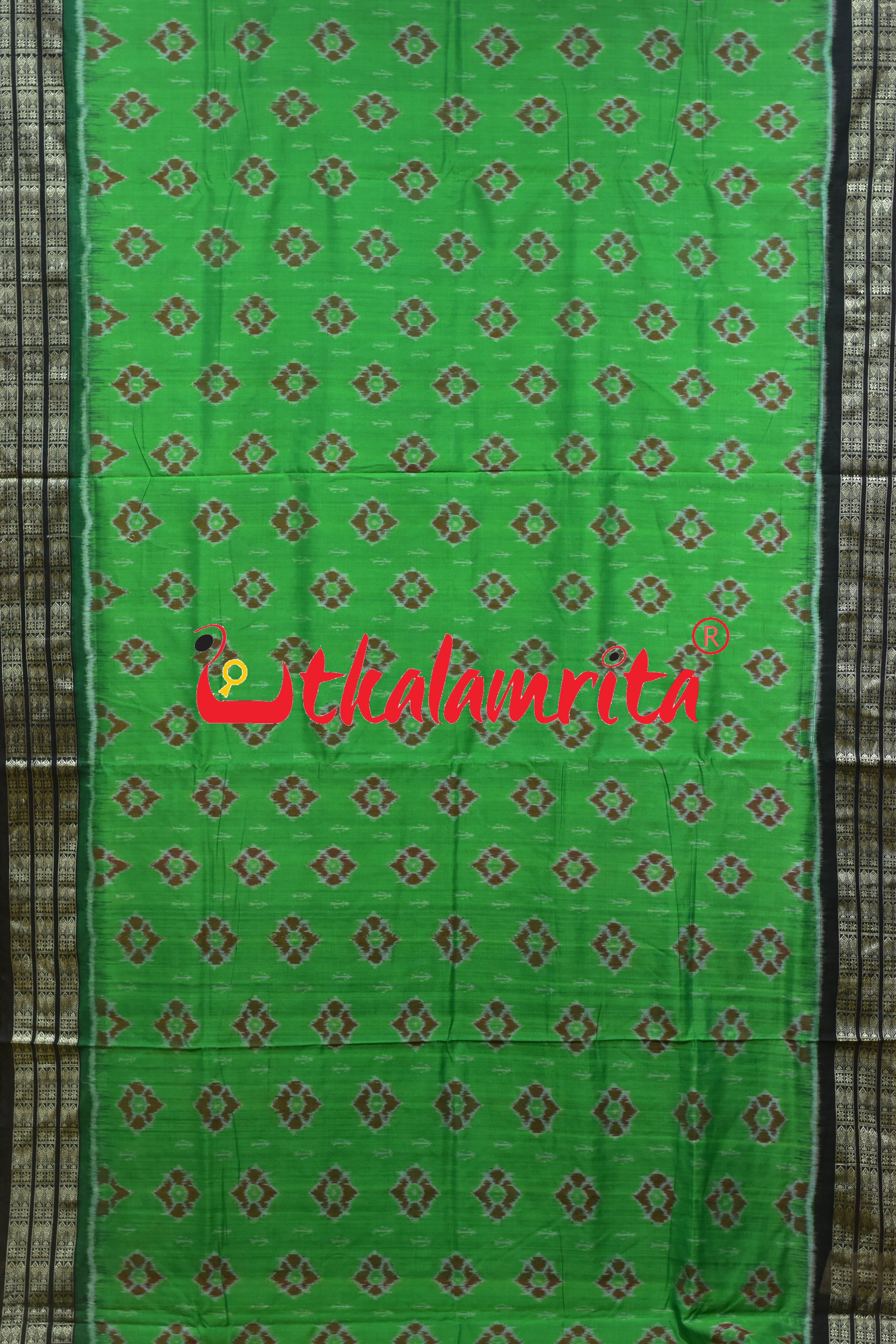 Parrot Green Black Flower Sambalpuri Cotton Saree