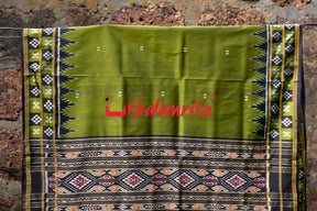 Mehendi Green Black Double Border Pasapali Khandua Silk Saree