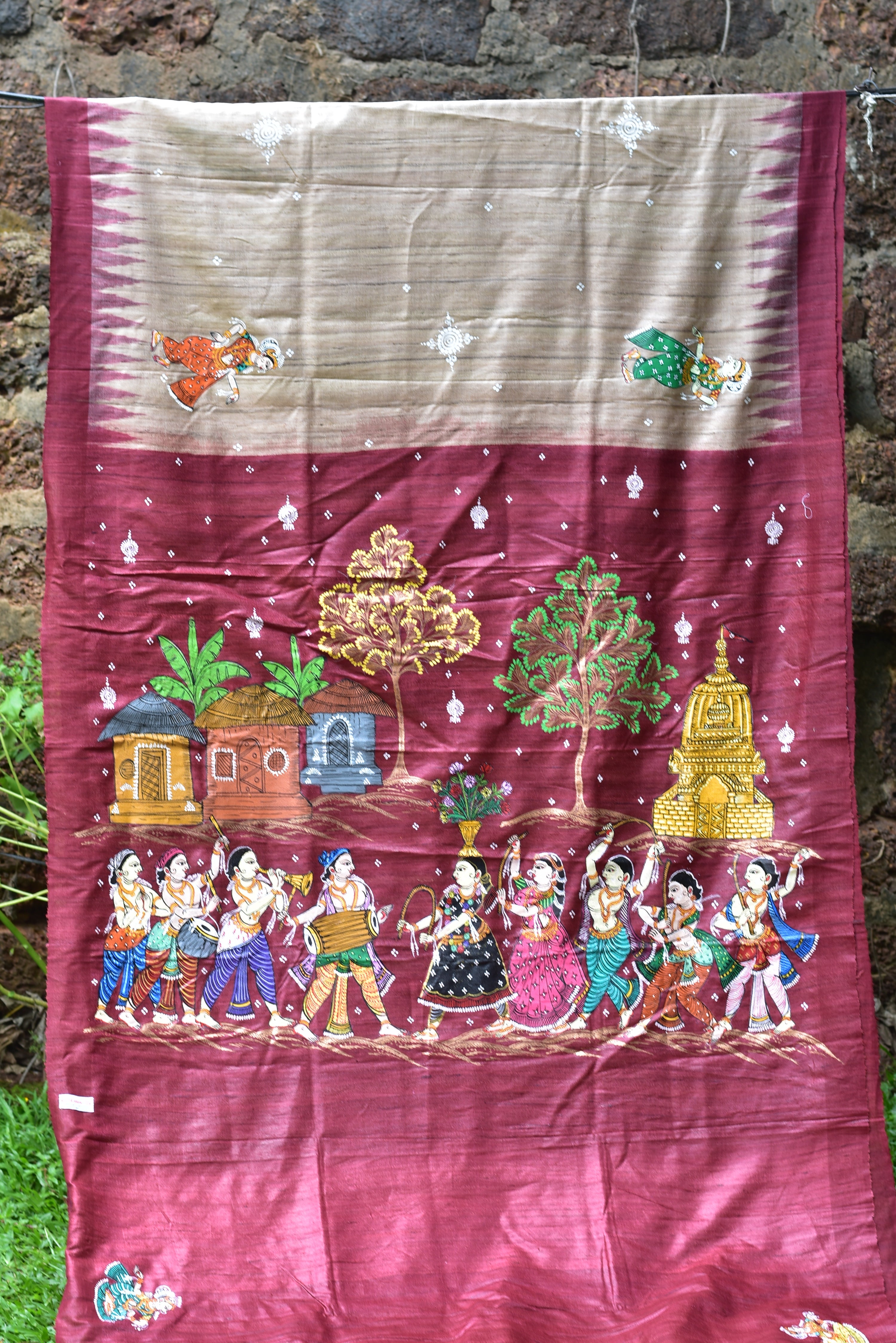 Jhamu Jatra Ghicha Tussar Ghee Maroon Saree