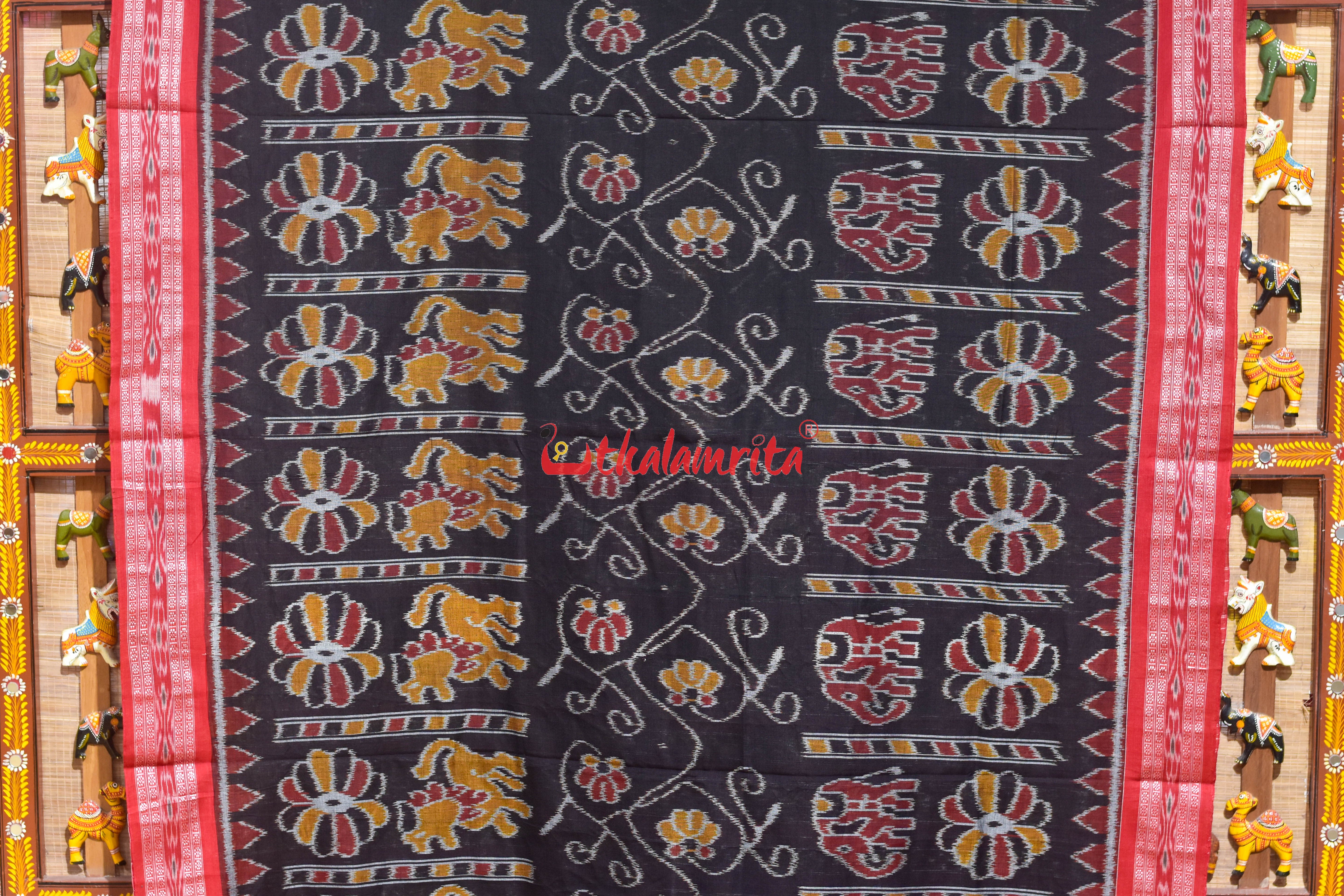 Black Red Elephant Khandua Cotton Saree