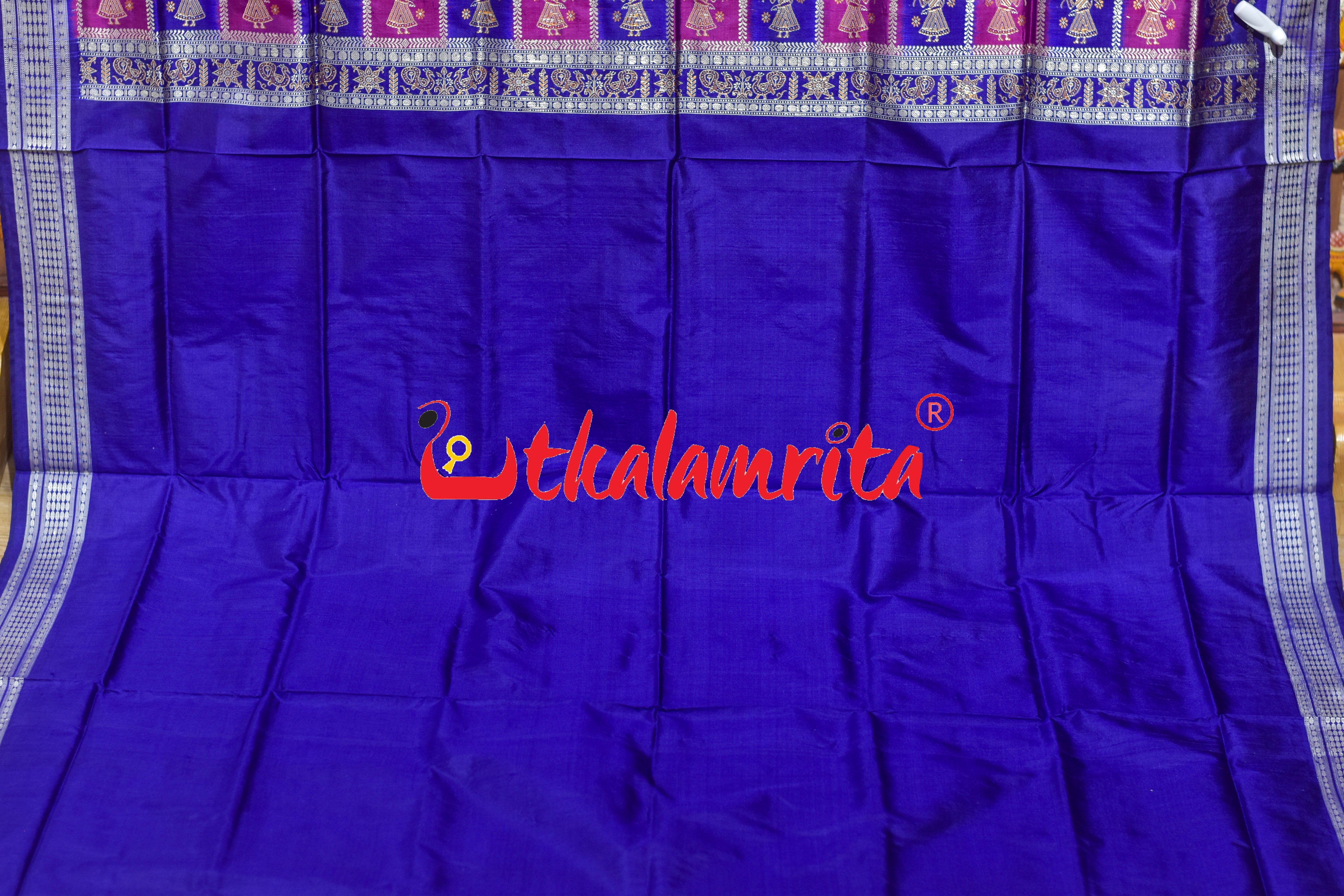 Rani Blue Tribal Temple Bomkai Silk Saree