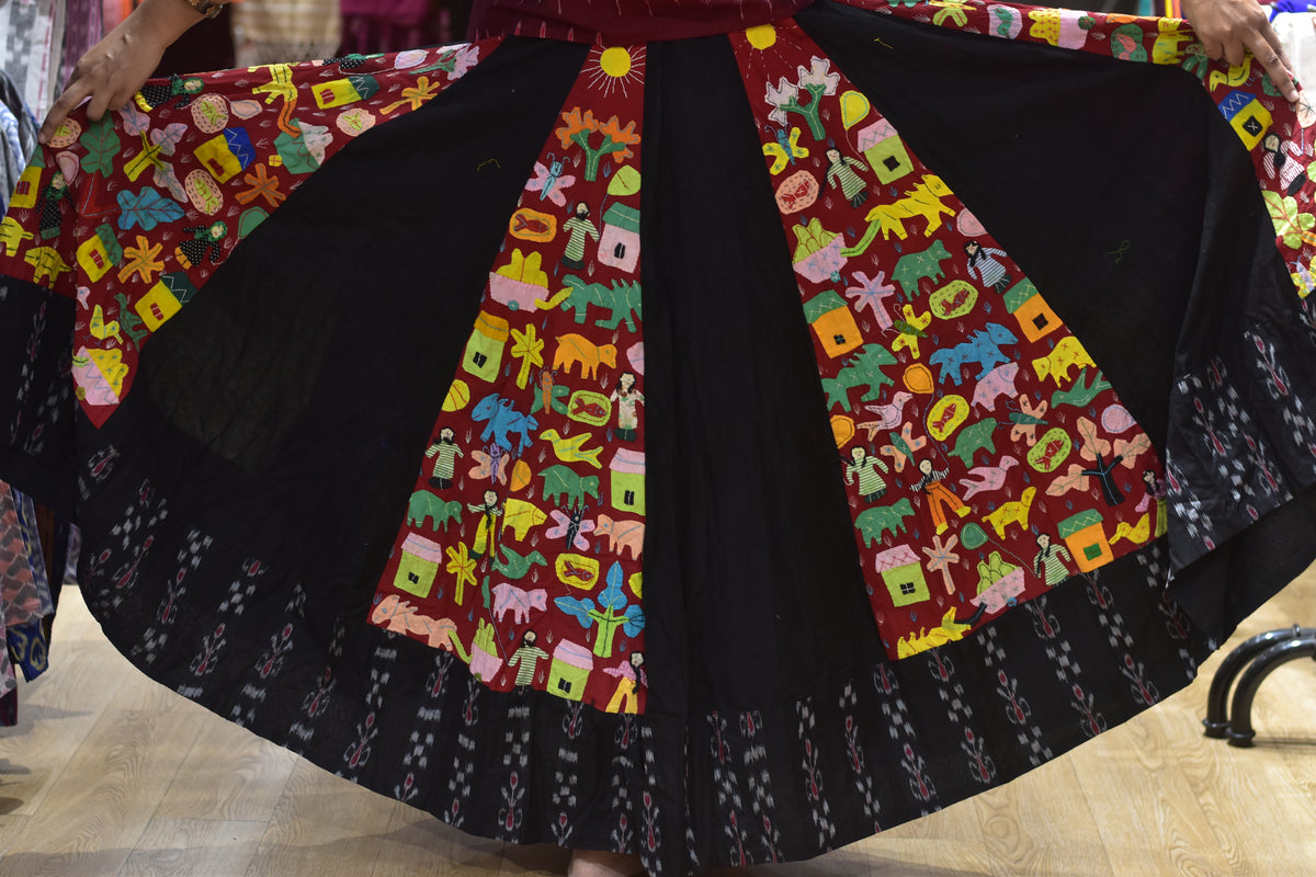 Black Applique Fusion Ikat Designer Garba Skirt